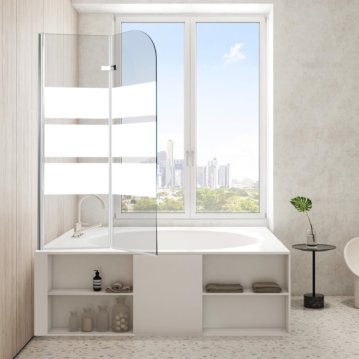 Mampara para bañera plegable de 100 x 140 cm, 2 piezas, de cristal templado de seguridad de 6 mm con rayas blancas, nano-revestimiento, antisalpicaduras, color plateado