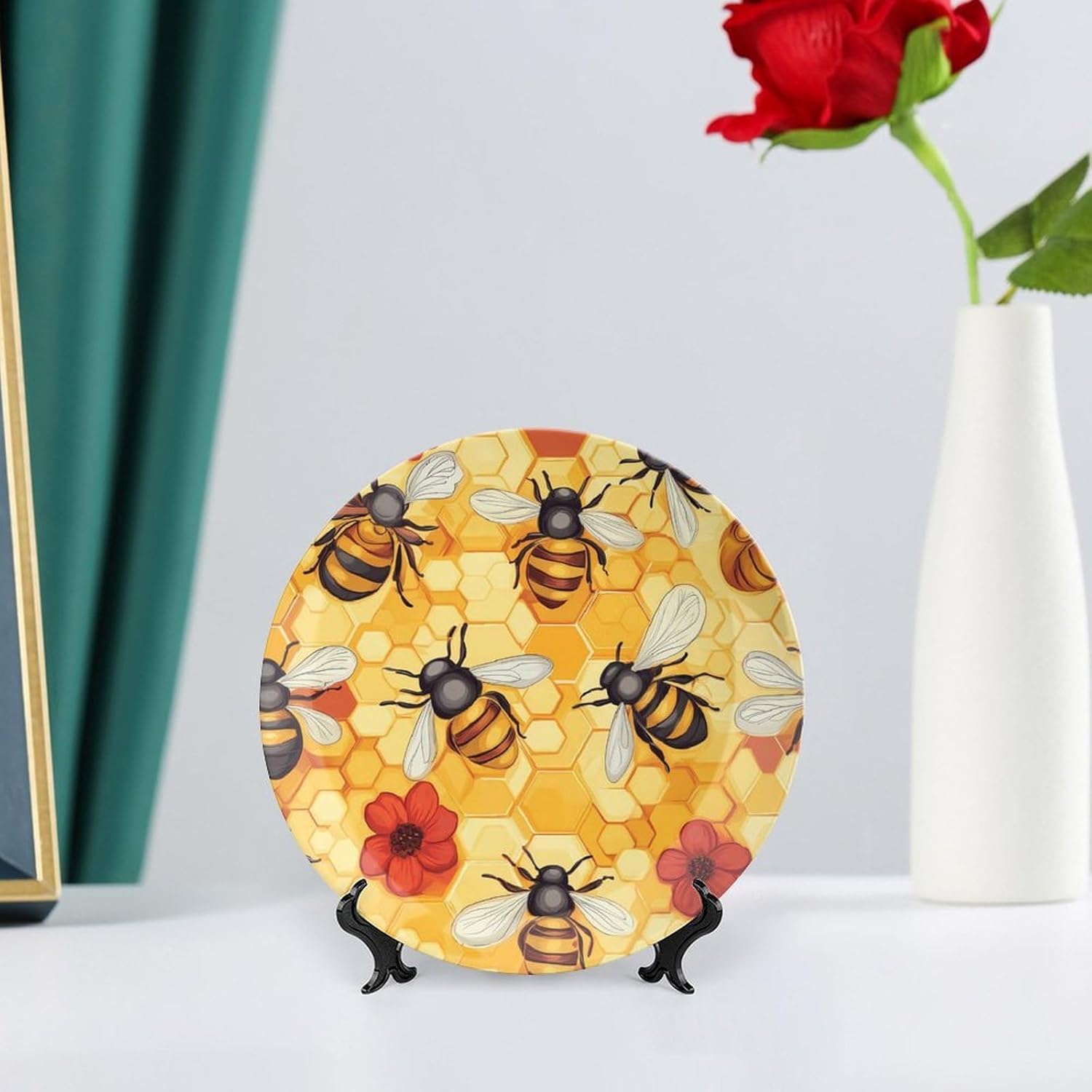 Bees Honeycomb Flowers Bone China Decorative Plate with Stand Home Dessert Plates Gift for Men Women 6inch