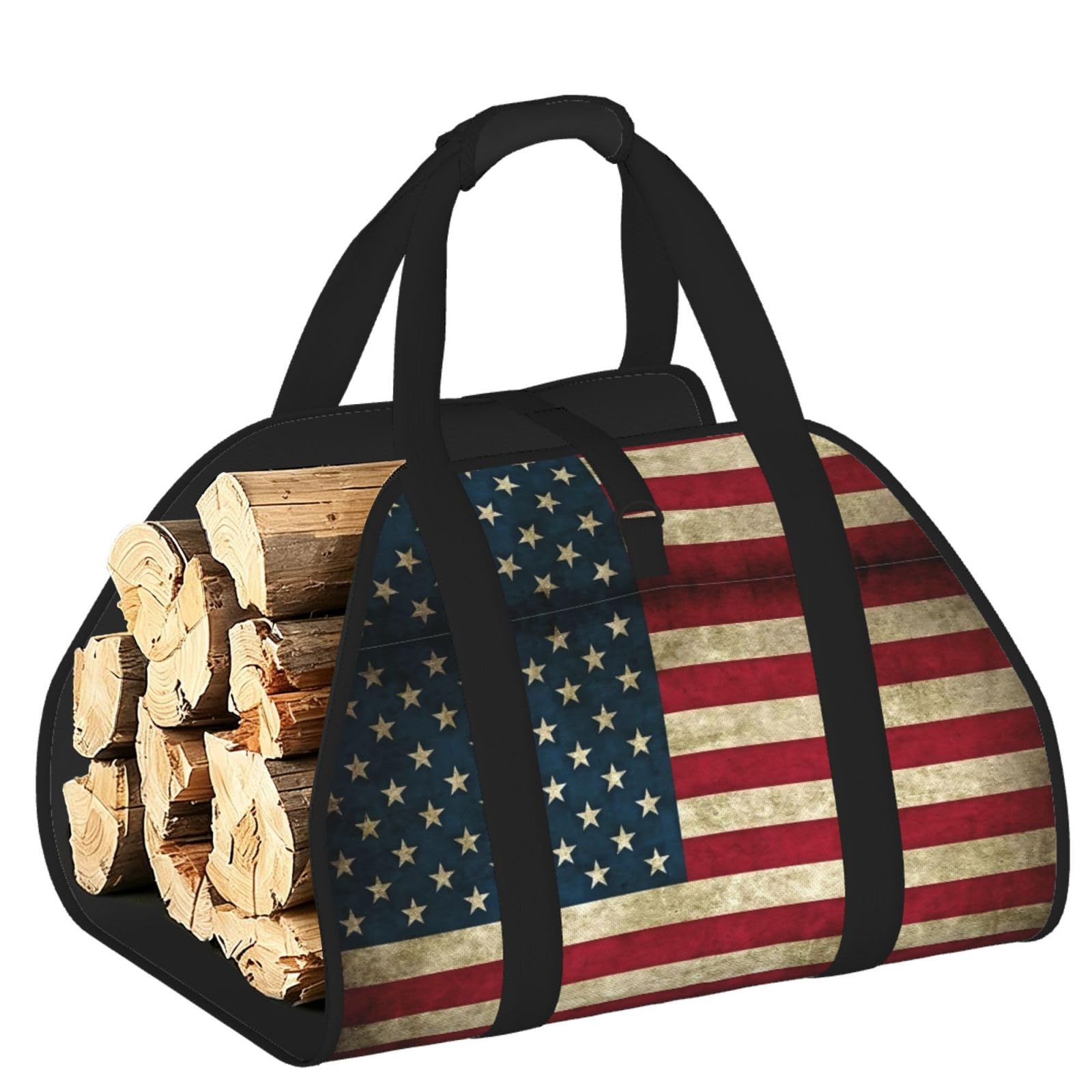 American flag Printed Firewood Carrier Bag, Log Tote with Open-Ended Design for Camping Outdoor Wood Hauling