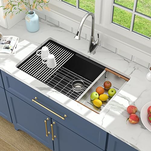 Miniatura 2 de Lordear Fregadero de cocina negro de 33 pulgadas, fregadero de cocina compuesto de granito de 33 x 19 pulgadas, compuesto de cuarzo, negro profundo,