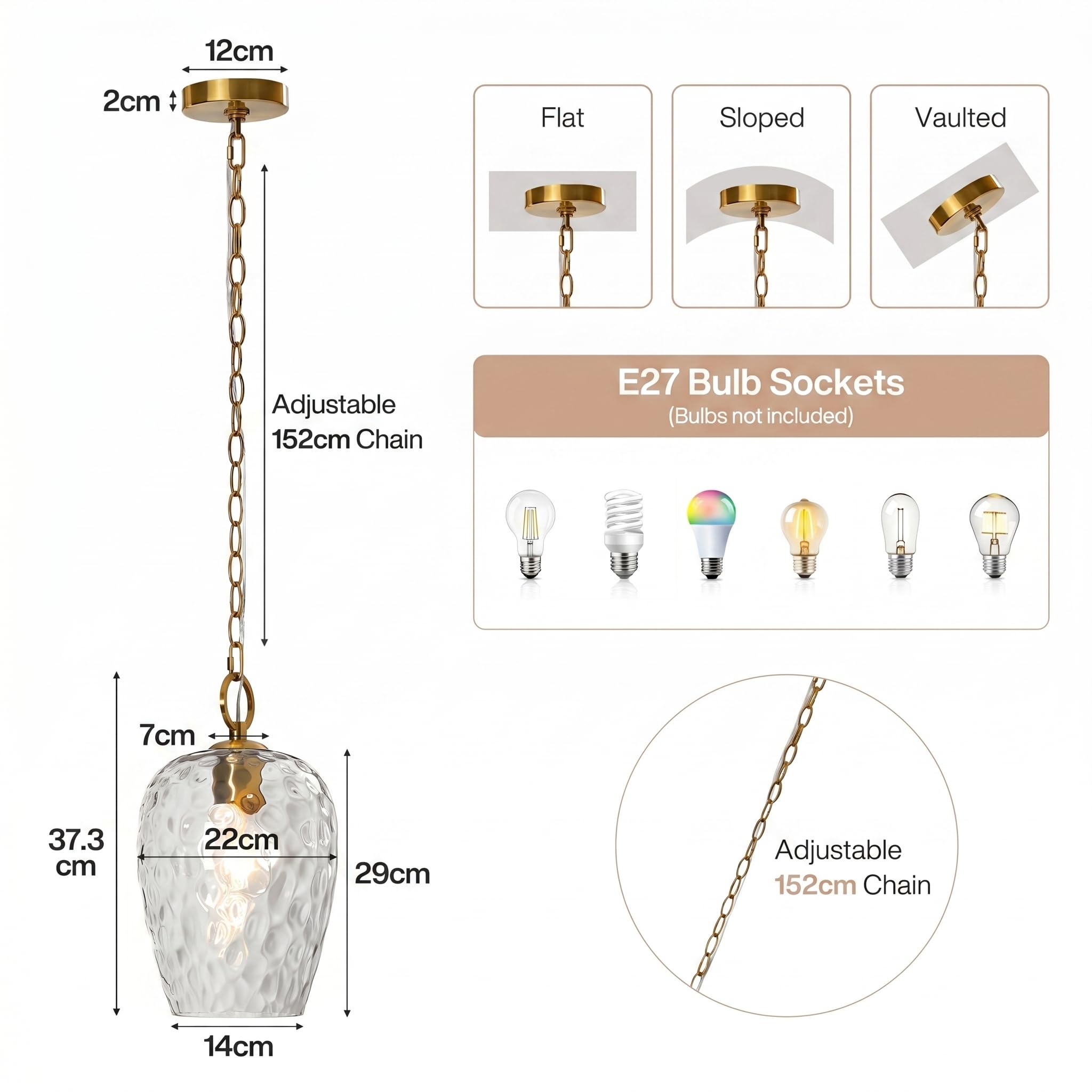 Tribesigns Pendelleuchte mit Gehämmertem Glasschirm, 152 CM Höhenverstellbar Ø22 CM, Dimmbar, Hängelampe Esstisch E27 Fassung, Modern Hängeleuchte für Esstisch Wohnzimmer Küche Schlafzimmer