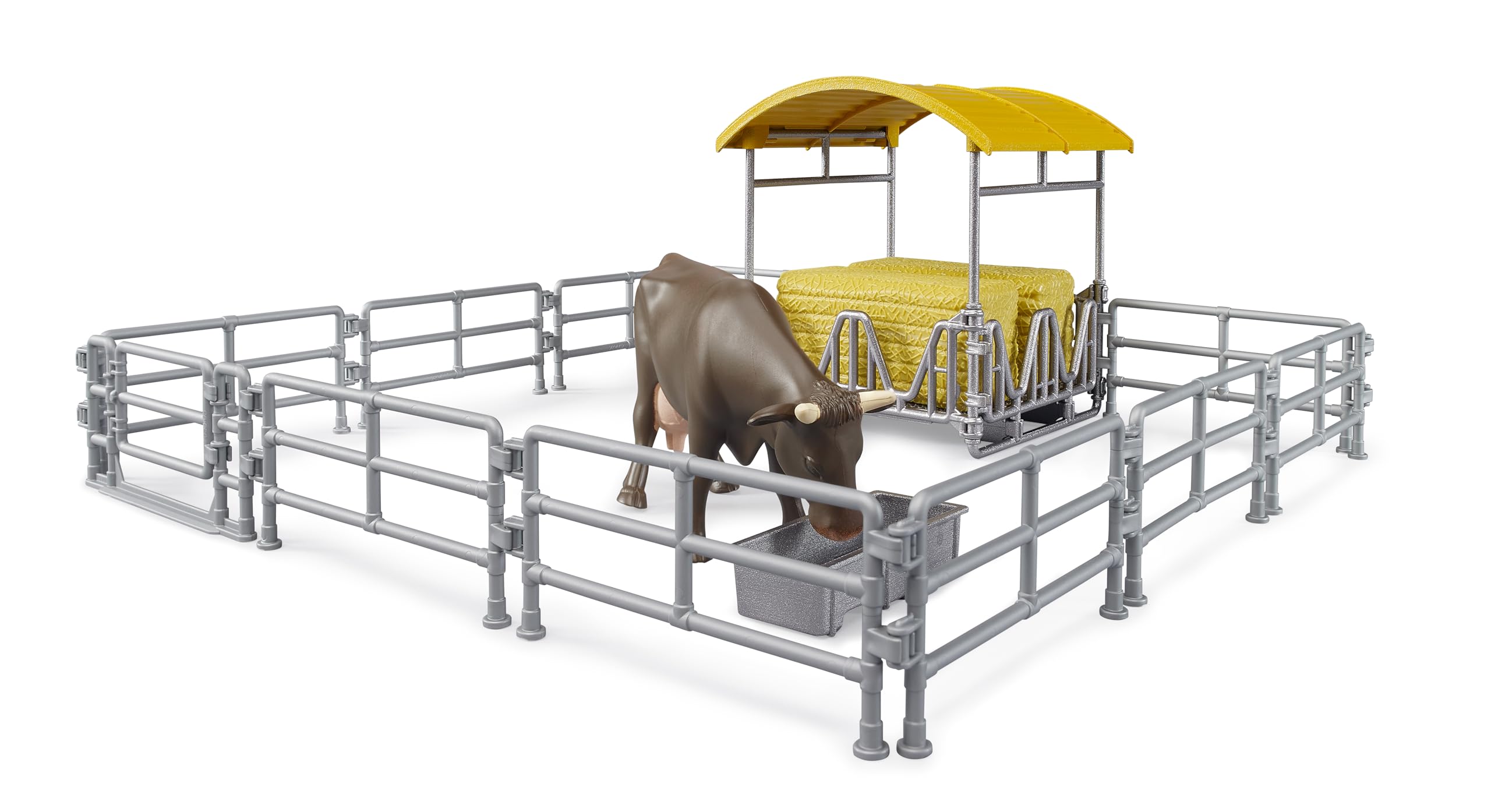 bruder 62612 - Mangiatoia con recinti, trogolo, balle quadrate e 1 bovino - Accessori per fattoria, agricoltura, mucca, giocattoli - 4