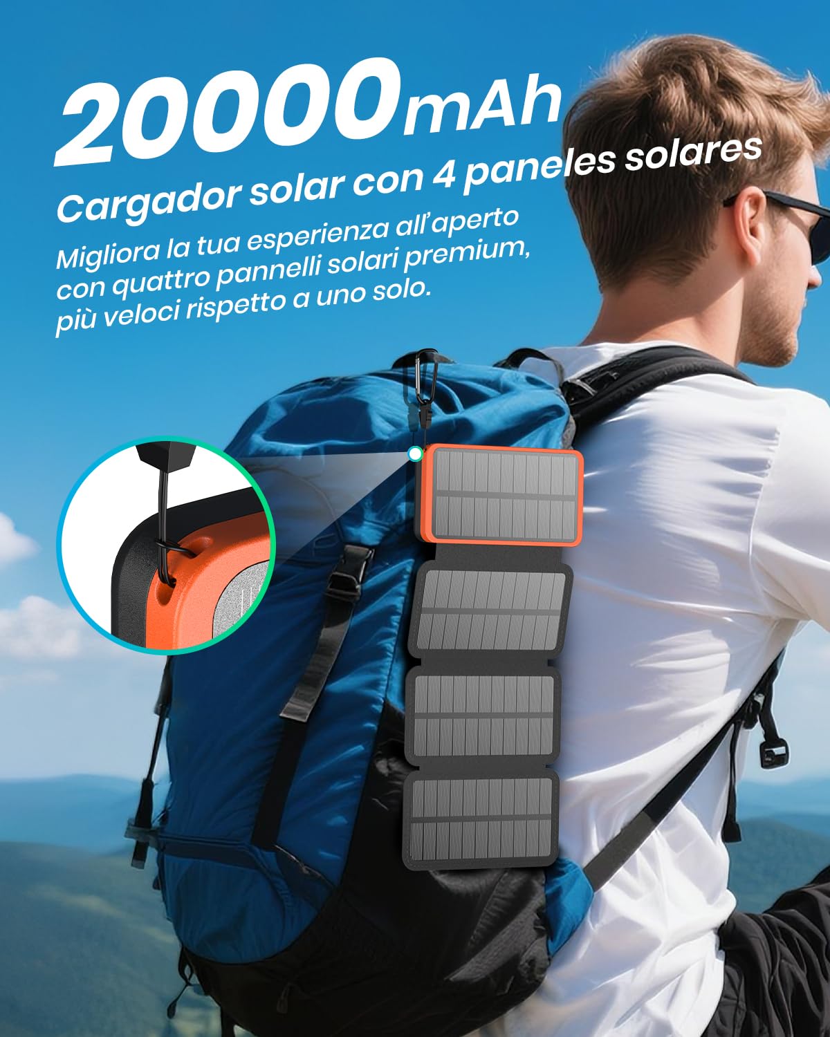 Power bank Solare 20000mAh – A ADDTOP Caricabatterie solare con ricarica rapida 22.5W, 3 uscite e 4 pannelli solari pieghevoli, batteria esterna per telefoni e tablet, da campeggio