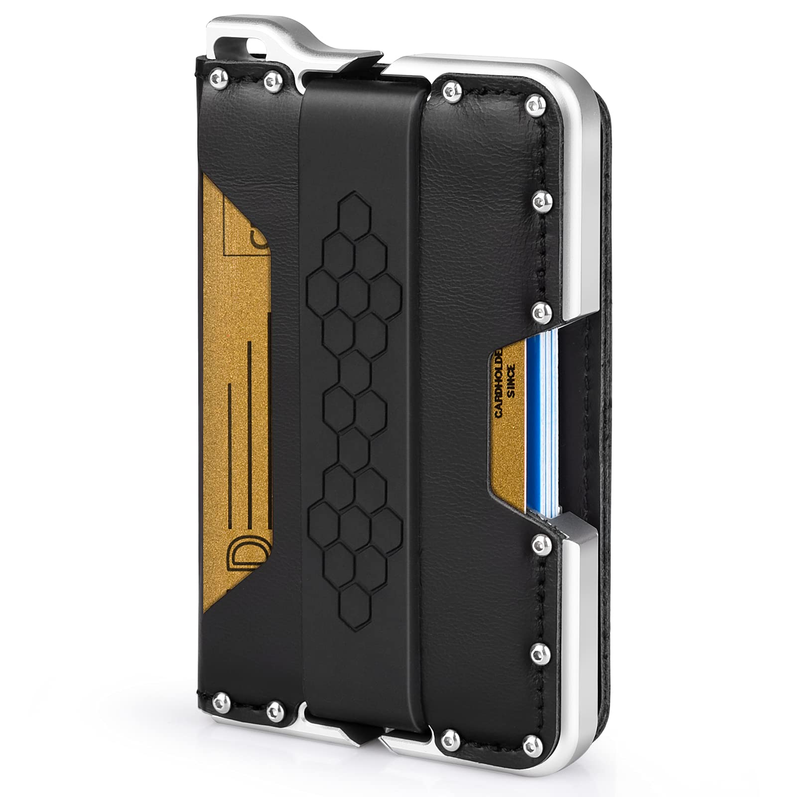 Minimalist Wallet for Men - Evcing Slim Smart Metal EDC Wallets with Genuine Leather and CNC Alum - RFID Blocking Extra Large Capacity Dapper Design Bifold Stylish, B-Silver&Black, Minimalist