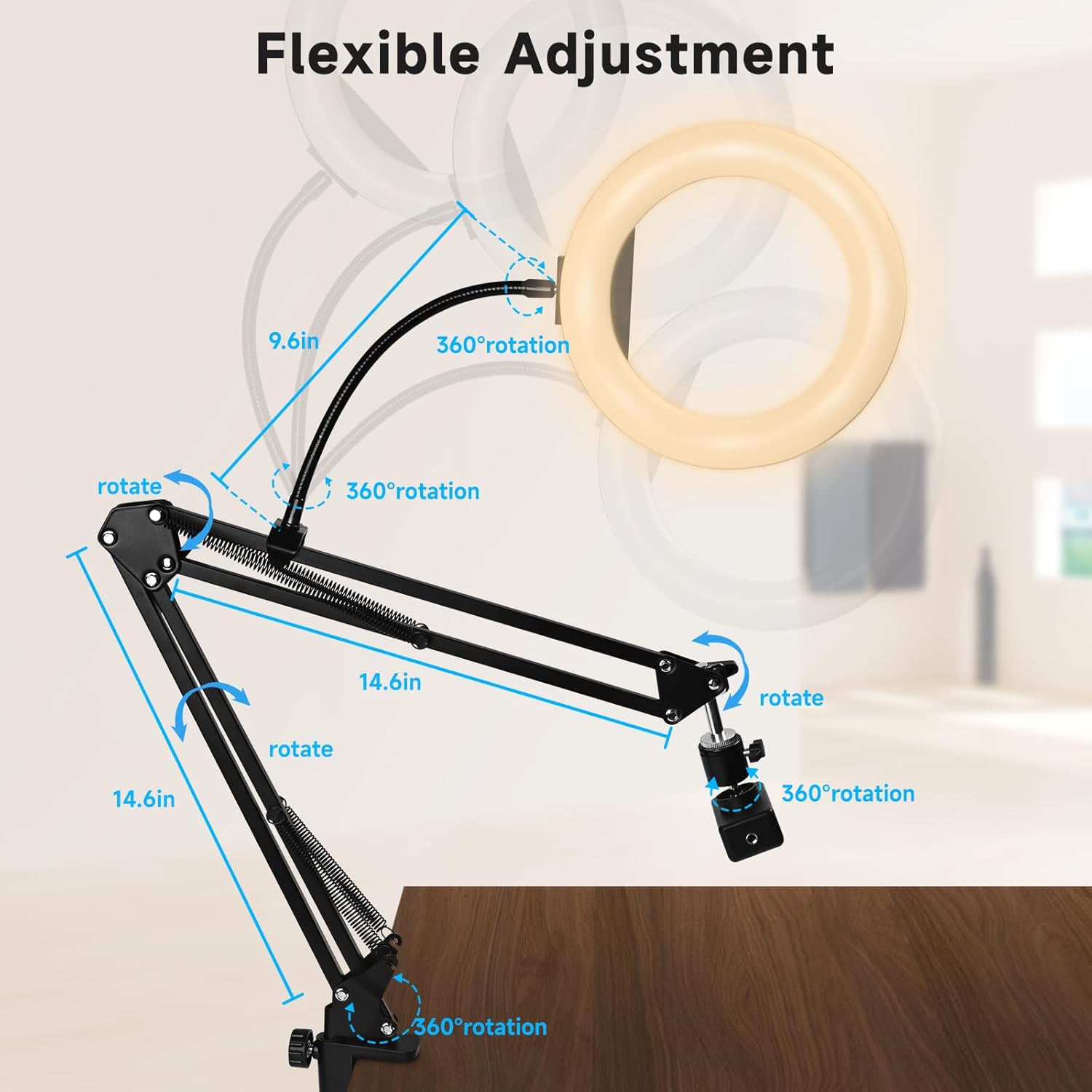 8"" RGB Ring Light with Overhead Camera Mount Overhead Phone Mount with RGB Fill Light for Articulating Arm Phone Mount for YouTube Live Stream Cooking Nail Video Recording