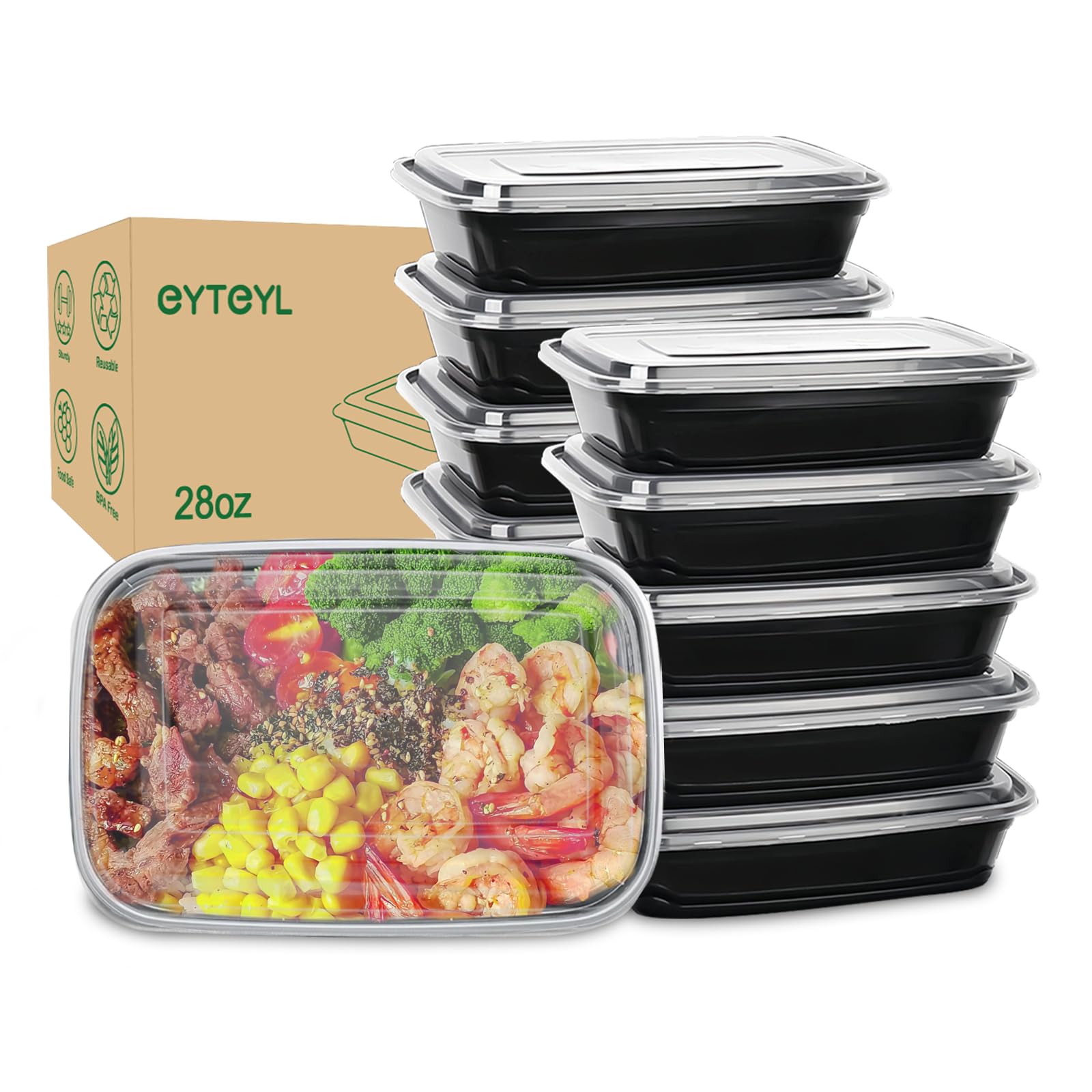 EYTEYL 10 Pack Meal Prep Containers Reusable, 28oz Extra-thick Food Storage Containers with Lids, Disposable & Reusable Bento Box Lunch Box, Bento Box, Stackable, Microwave Dishwasher Freezer Safe