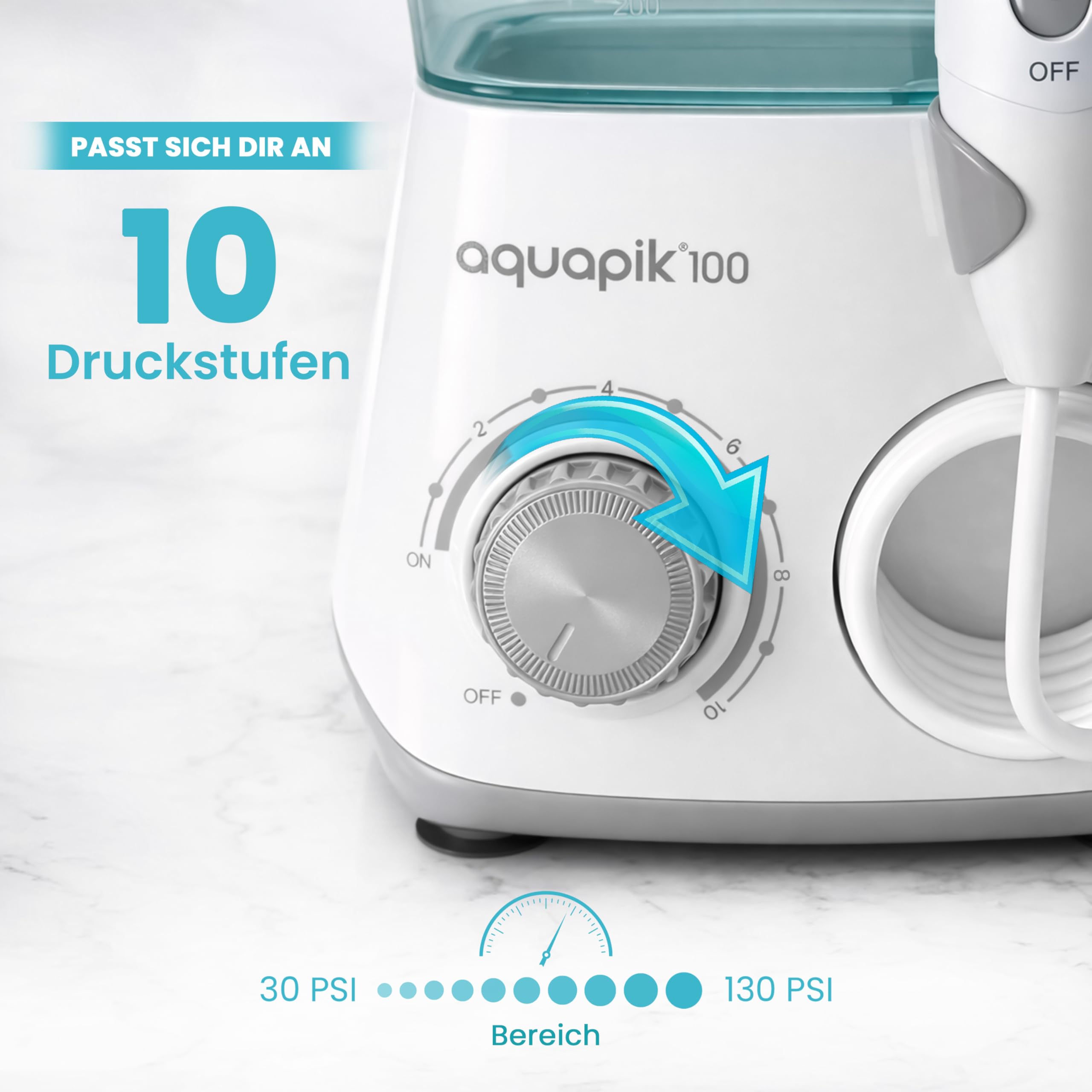 Aquapik® 100 Munddusche 600 ml 10 Stufen 8 Aufsätze Water Flosser Weiß.