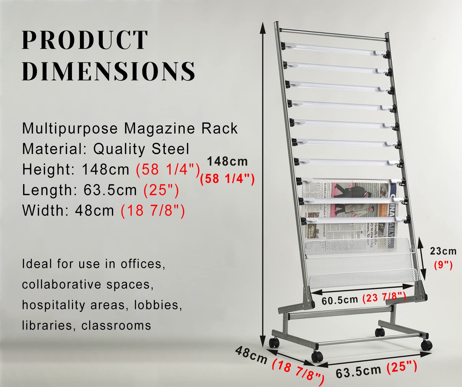 Portariviste in metallo con ruote, porta giornali e brochure, porta documenti in rete per un facile accesso, soluzione elegante per casa e ufficio