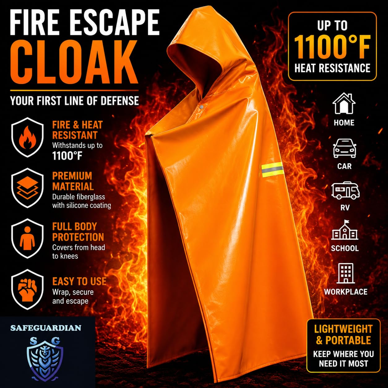Manta ignífuga | Manta ignífuga con capucha | Mantas de emergencia contra incendios para cuerpo completo | Capa con capucha de emergencia con tiras reflectantes | Resistente al calor