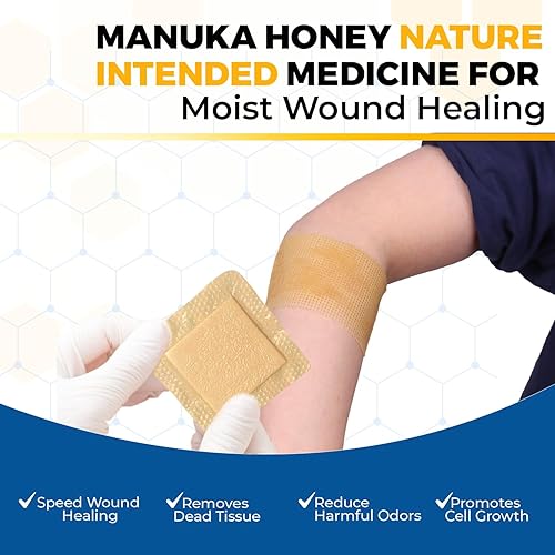 Miniatura 6 de Hilom Aderezo de gasa de miel de manuka de grado médico de 4 x 4 pulgadas (paquete de 5 unidades, no adherente), primeros auxilios para heridas