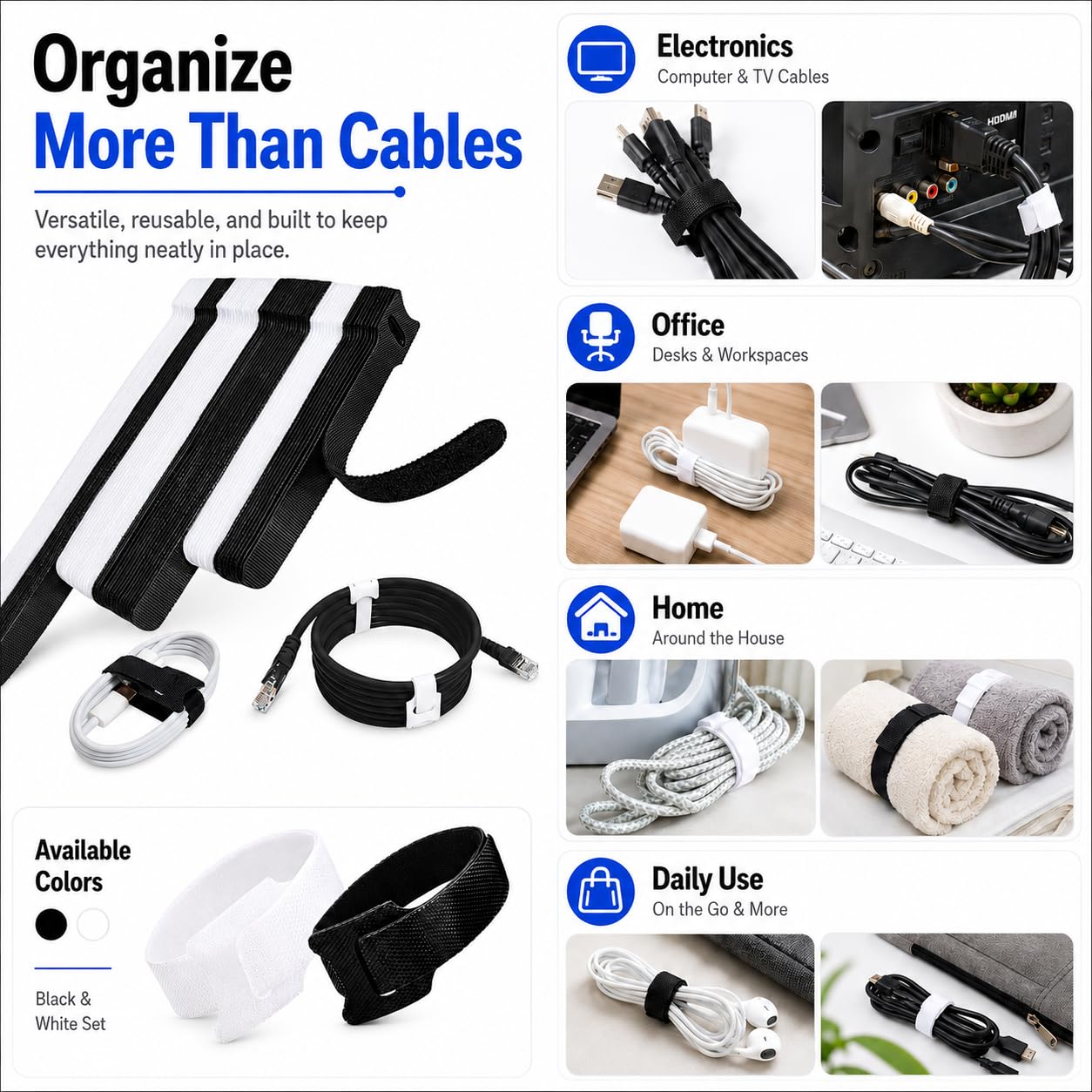 70 bridas para cables de computadora, bridas de alambre, bridas reutilizables para electrónica, bridas de microfibra de gancho y bucle para almacenamiento, blanco y negro, 4, 6, 8 pulgadas
