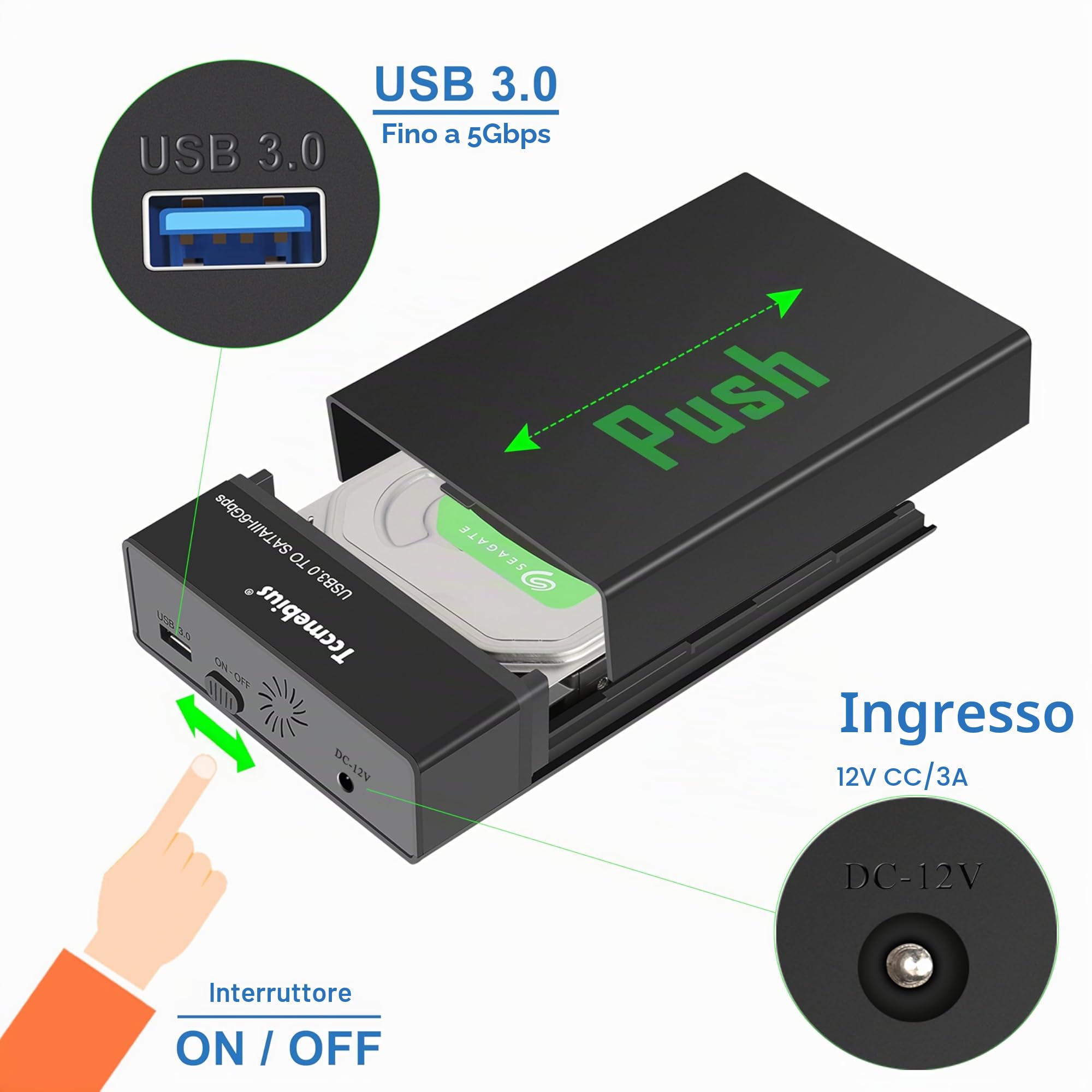 Case Esterno Disco Rigido 3,5 Hard Disk Enclosure USB 3.0 per 2,5/3,5 Pollici SATA HDD SSD Fino a 22TB, con Alimentatore 12V/3A Cavo USB A/C, Supporto UASP Funzione Sonno Automatica (TCC-S8)