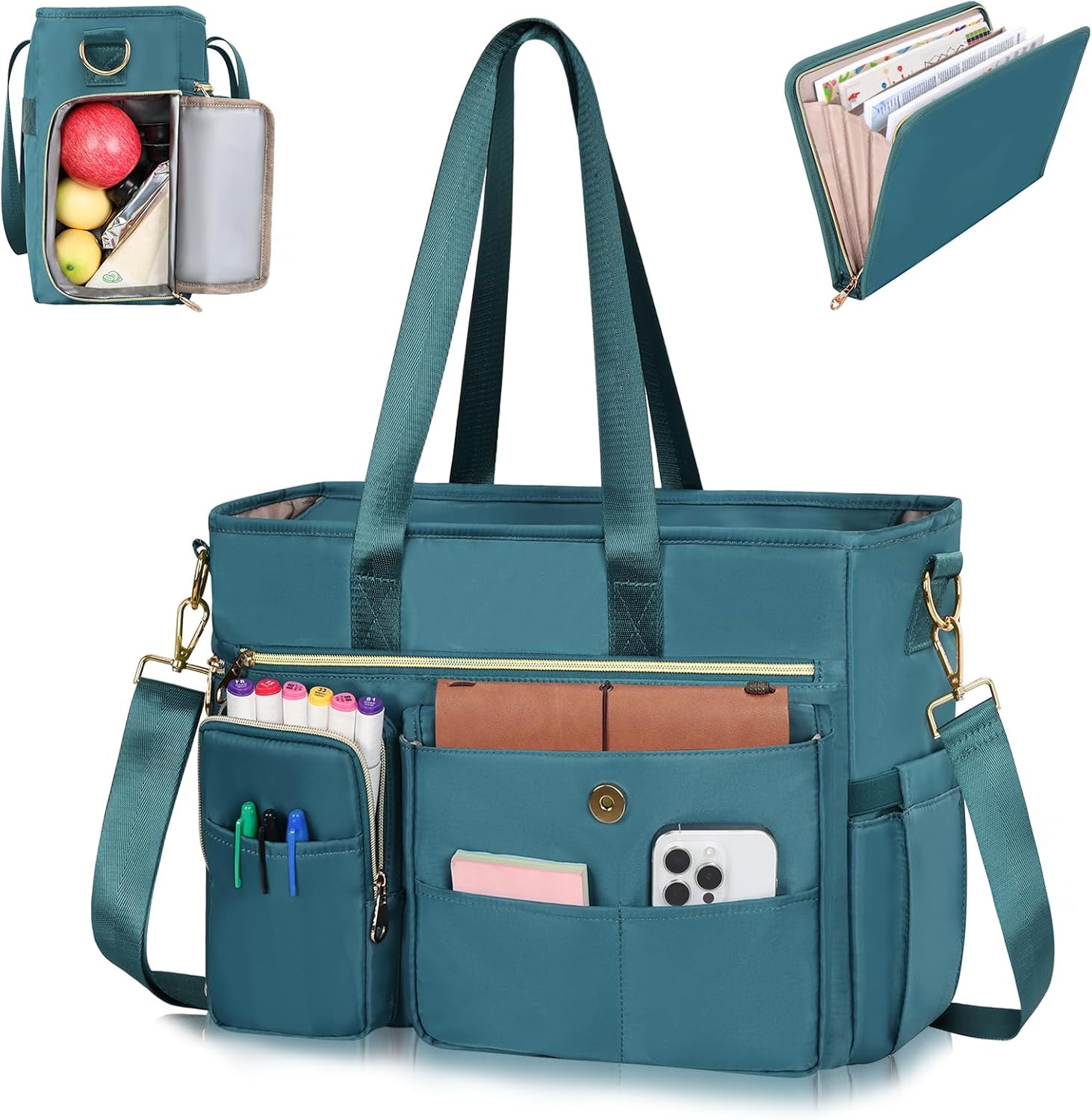 ESTARER Teacher Tote Bag for Women 2Pcs,15.6 Inch Laptop Work Bag Computer bag w/Expandable File Folder, Large Water-Resistant Messenger Handbags w/Insulated Pocket for Office/Travel/College, Teal