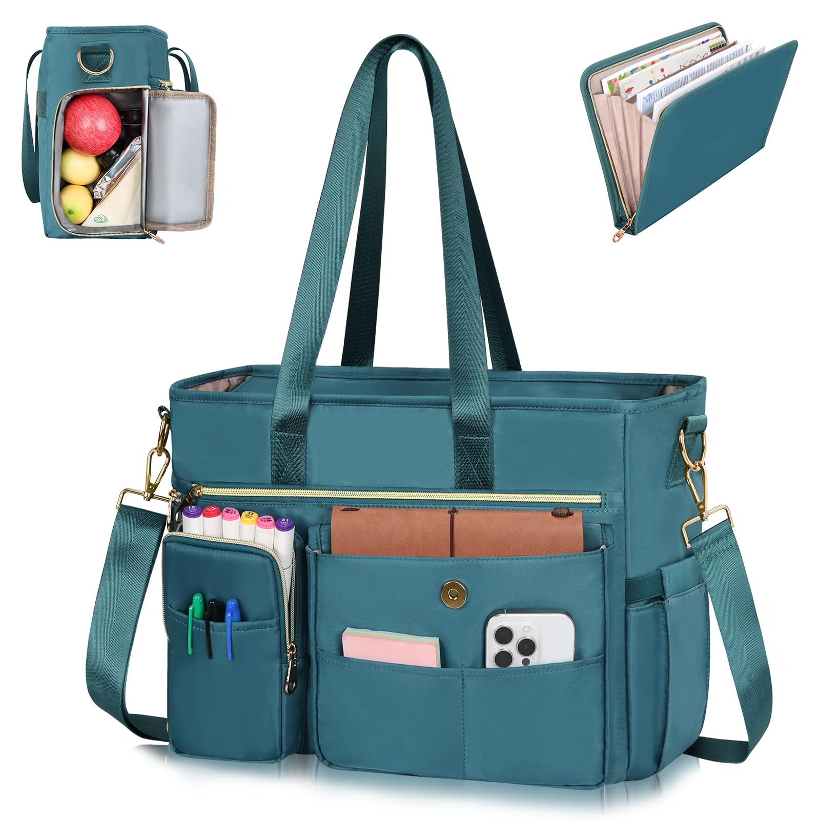 ESTARER Teacher Tote Bag for Women 2Pcs,15.6 Inch Laptop Work Bag Computer bag w/Expandable File Folder, Large Water-Resistant Messenger Handbags w/Insulated Pocket for Office/Travel/College, Teal