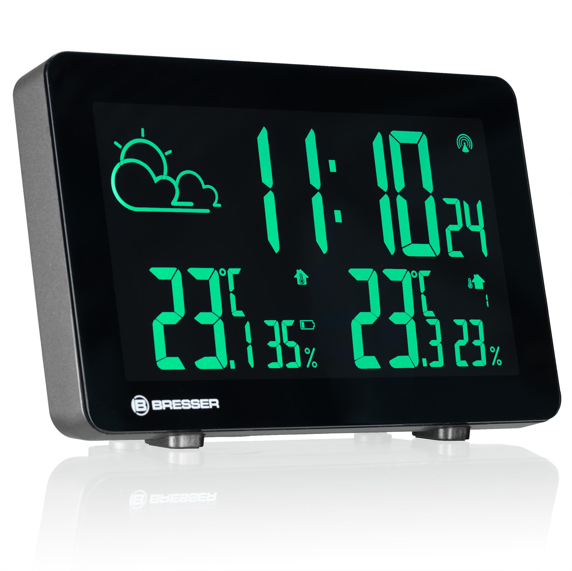 Bresser Funkwetterstation mit Farbwechsel, 256 Displayfarben, Wettervorhersage, Thermo-Hygrosensor, Frostwarnung, DCF-Uhrzeit, für Zuhause und Büro