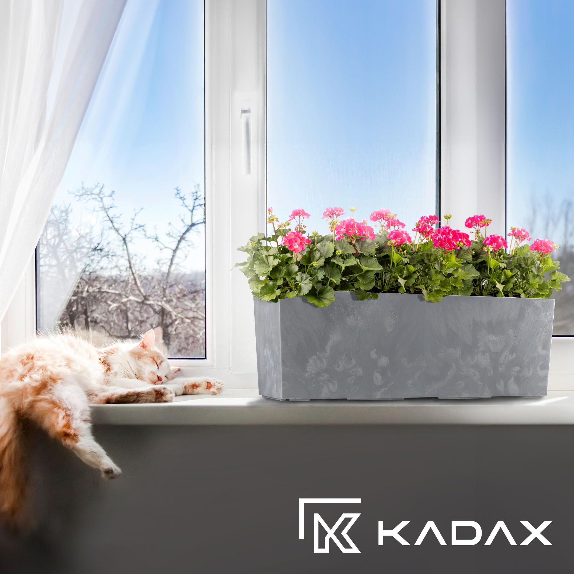 KADAX Blumenkasten 18,5x56 cm, Betonmuster, Grau, mit Einsatz – wetterfester rechteckiger Pflanzkasten für Balkon und Outdoor