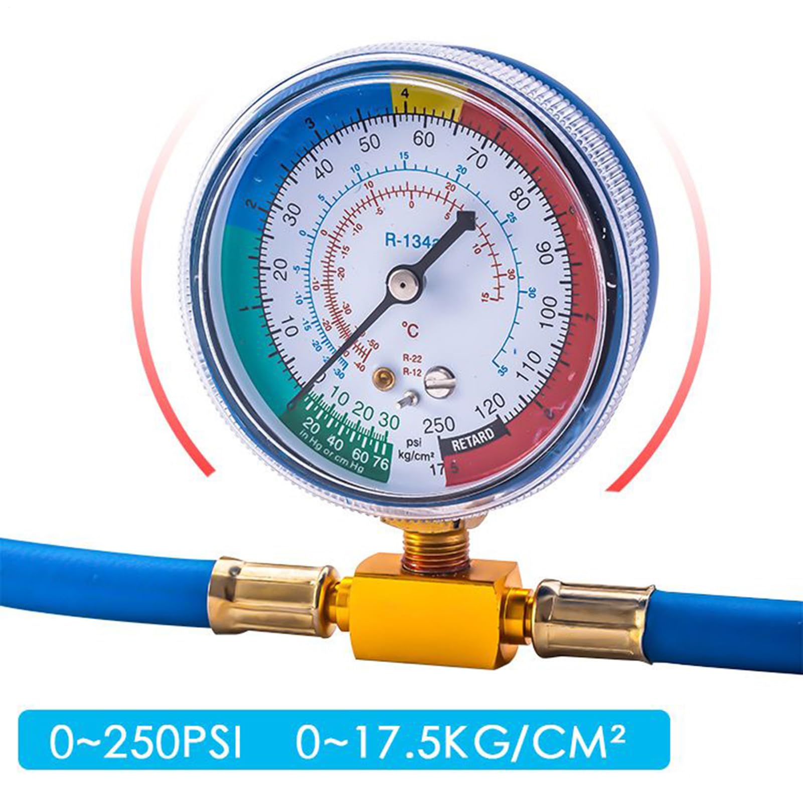 Tubo di ricarica CA con manometro, tubo refrigerante AC, con manometro, tubo refrigerante anti-riflusso, per rilevamento perdite, riparazione auto, HVAC commerciale frigorifero