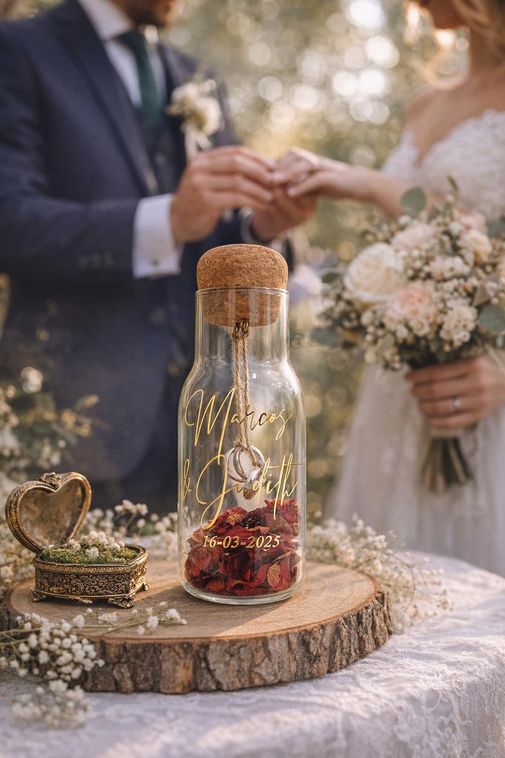 Pot pour alliances personnalisé, porte-alliances, avec pétales de rose séchés naturels et corde pour accrocher les alliances de mariage