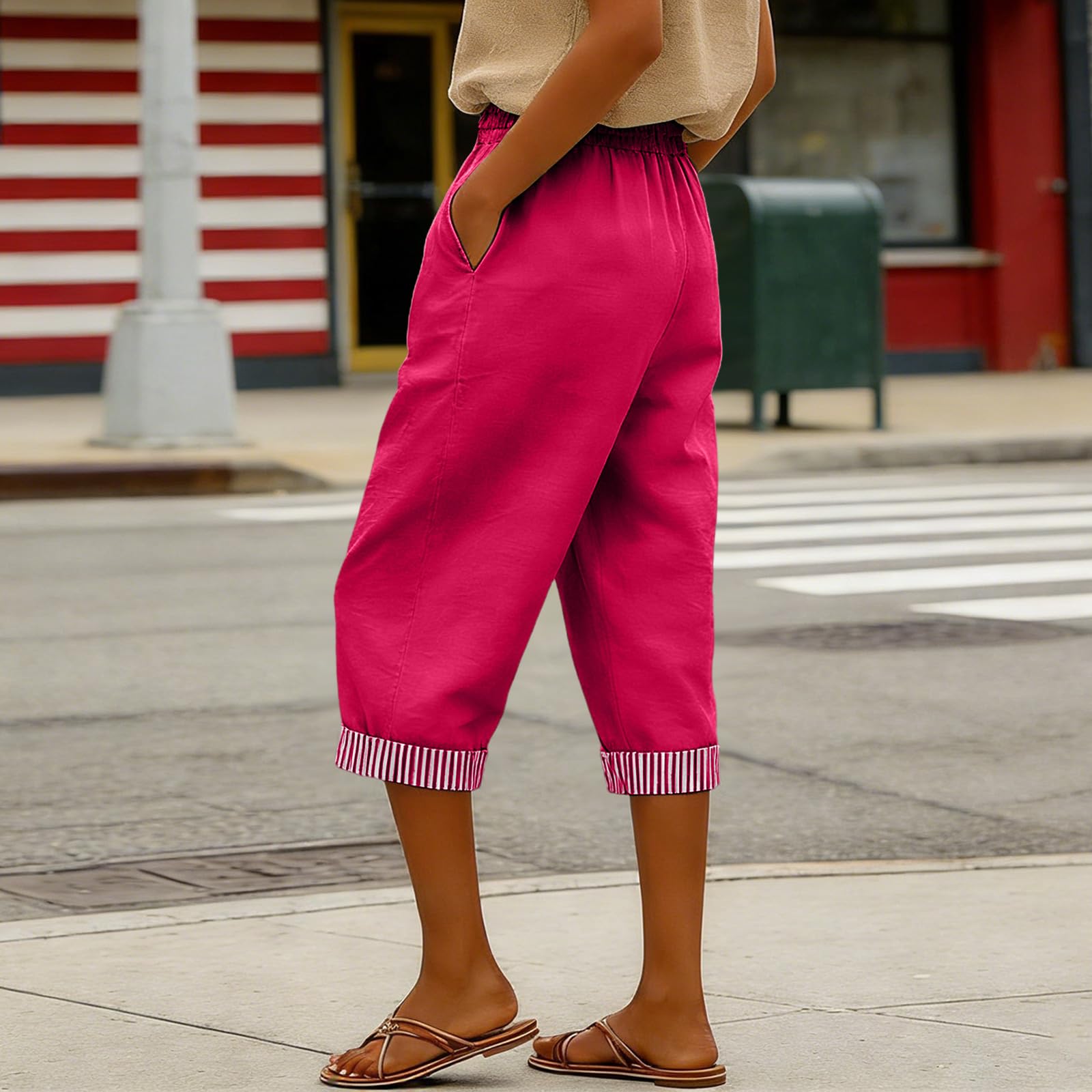Generisch Pantaloni da donna in lino, traspiranti, estivi, leggeri, con gamba larga, traspiranti, da spiaggia, eleganti, tinta unita, per il tempo libero, comodi, con tasche