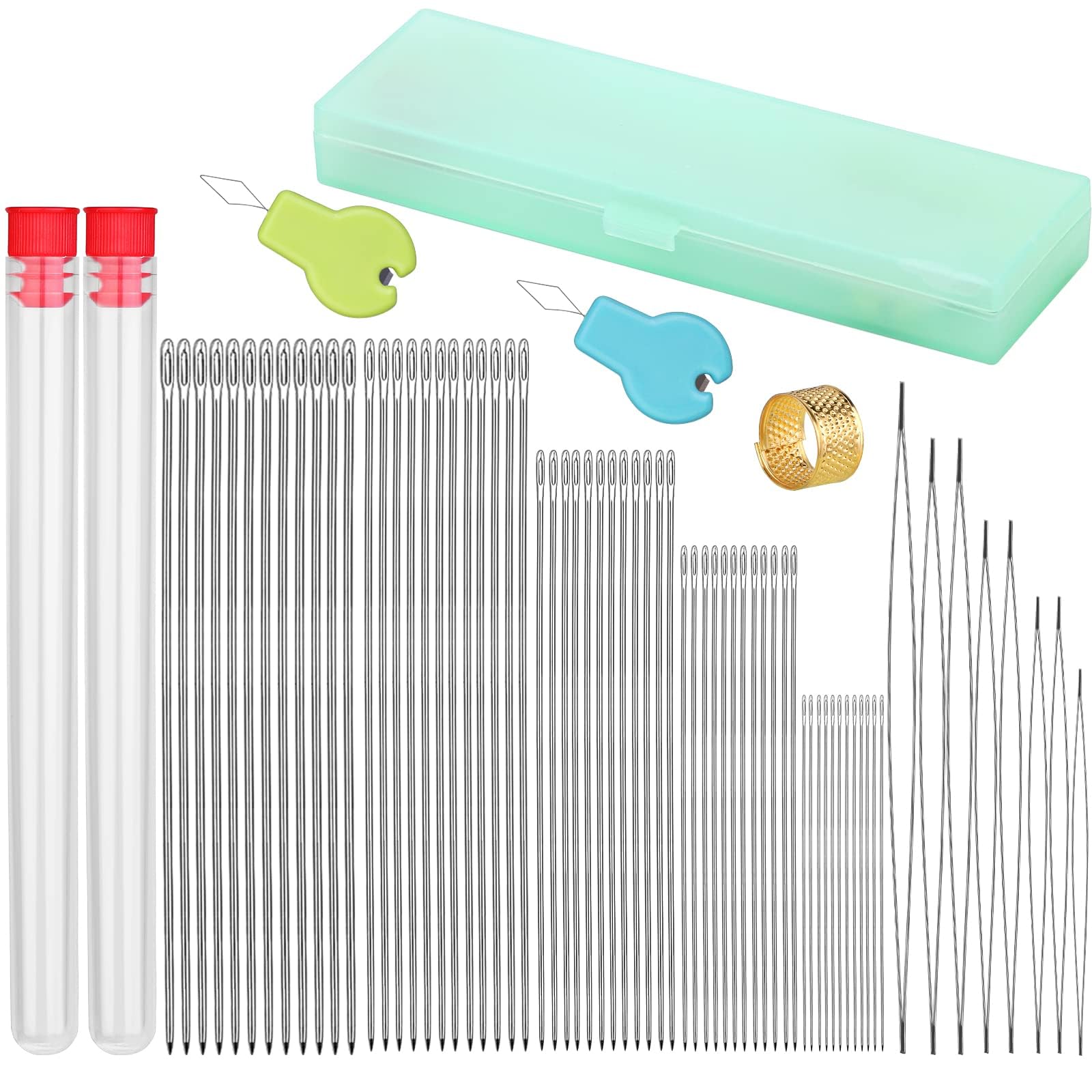 Azonee 74 Pcs Beading Needles Set Include 60 Pcs Long Straight Beading Thread Needles 8 Pcs Big Eye Beading Needles Embroidery Needles with Needle Bottle Thimble Needle Threaders for Jewelry Making