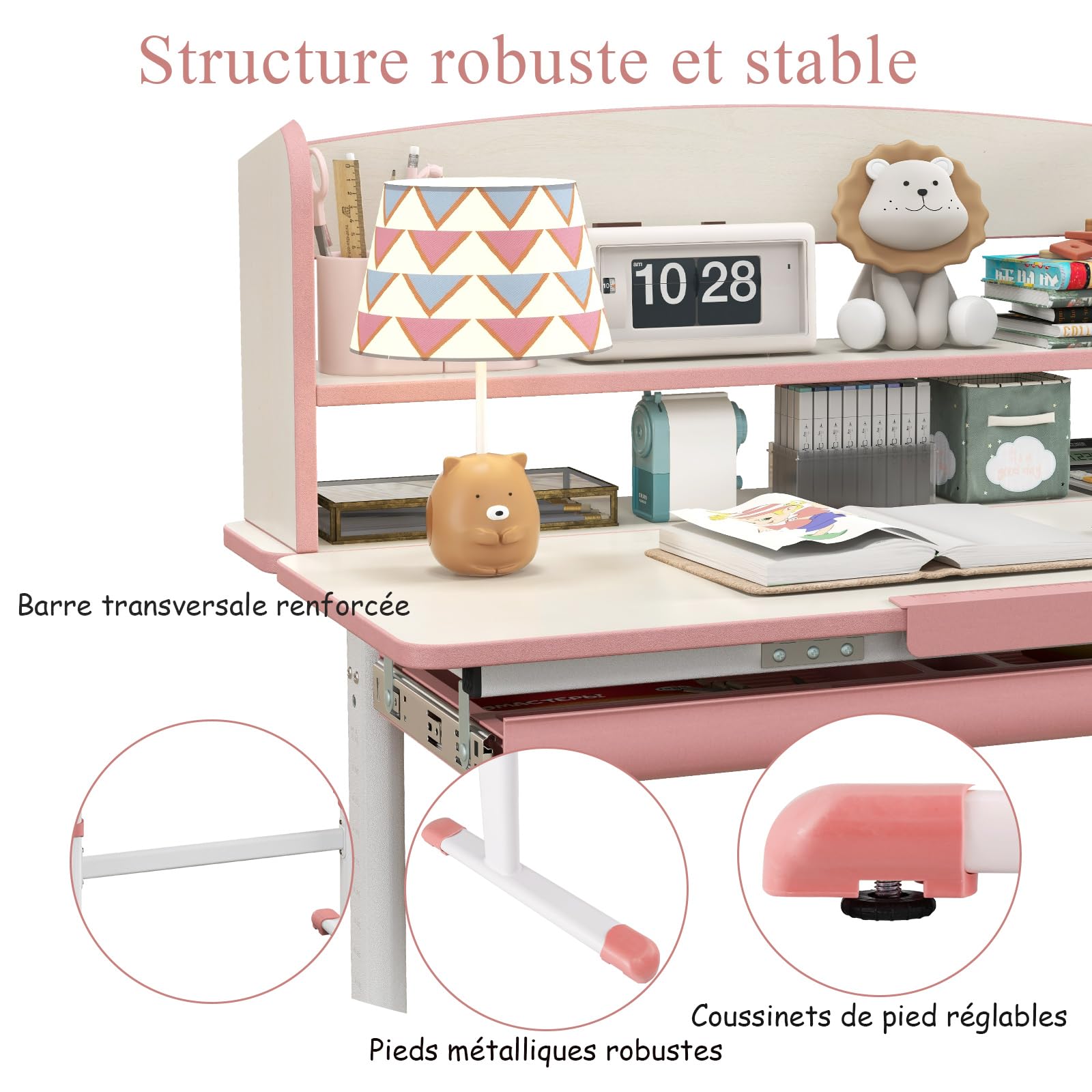 LIFEZEAL Scrivania per bambini in altezza regolabile e ripiano inclinabile, tavolo da studio con cassetto, scaffale di stoccaggio, carico 100 kg, per ragazza ragazzo 3-12 anni (rosa, 80 x 51 x 104 cm)
