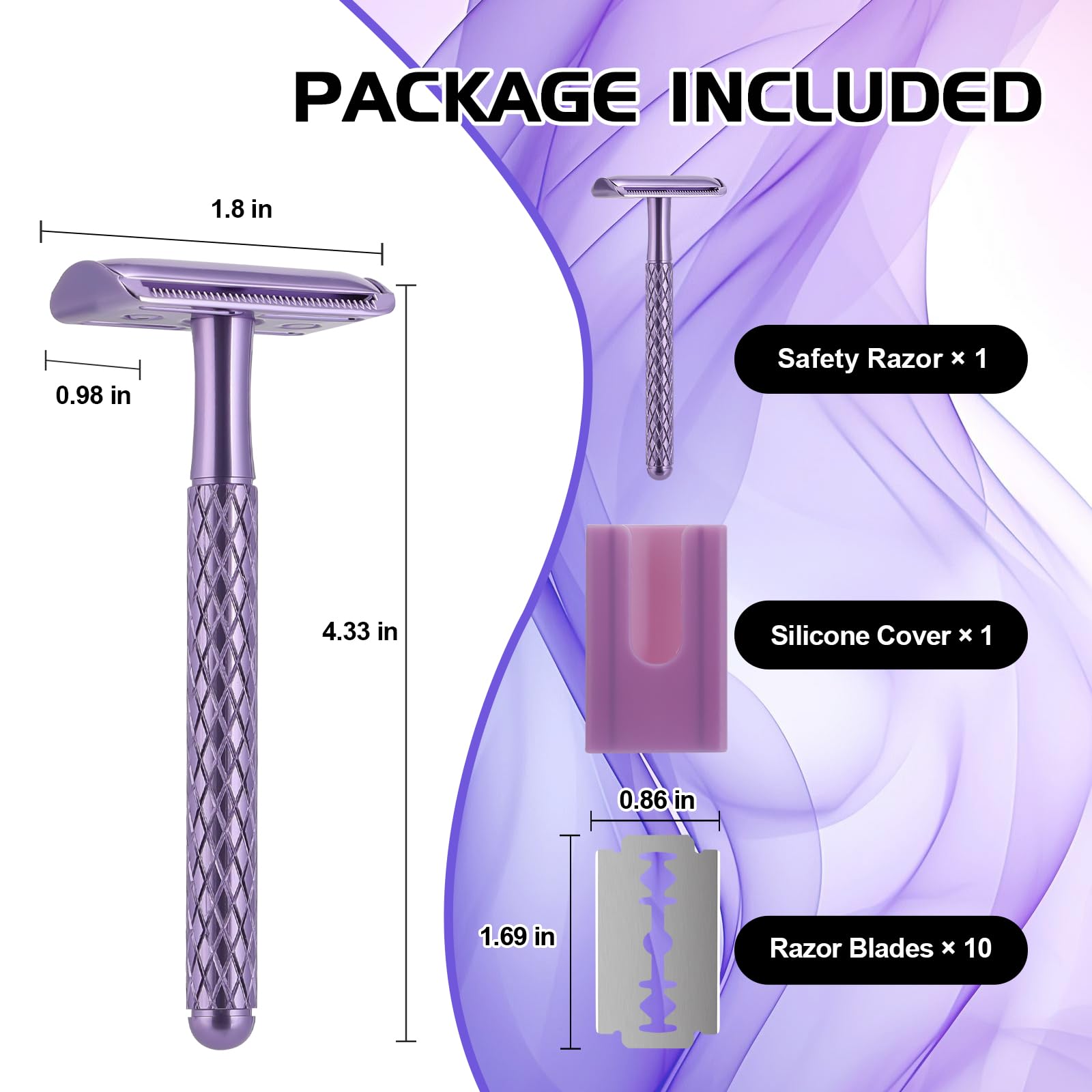 Maquinilla de afeitar de seguridad de doble filo para mujer, color morado con 10 cuchillas y cubierta de silicona, maquinilla de afeitar de seguridad de una sola hoja de metal