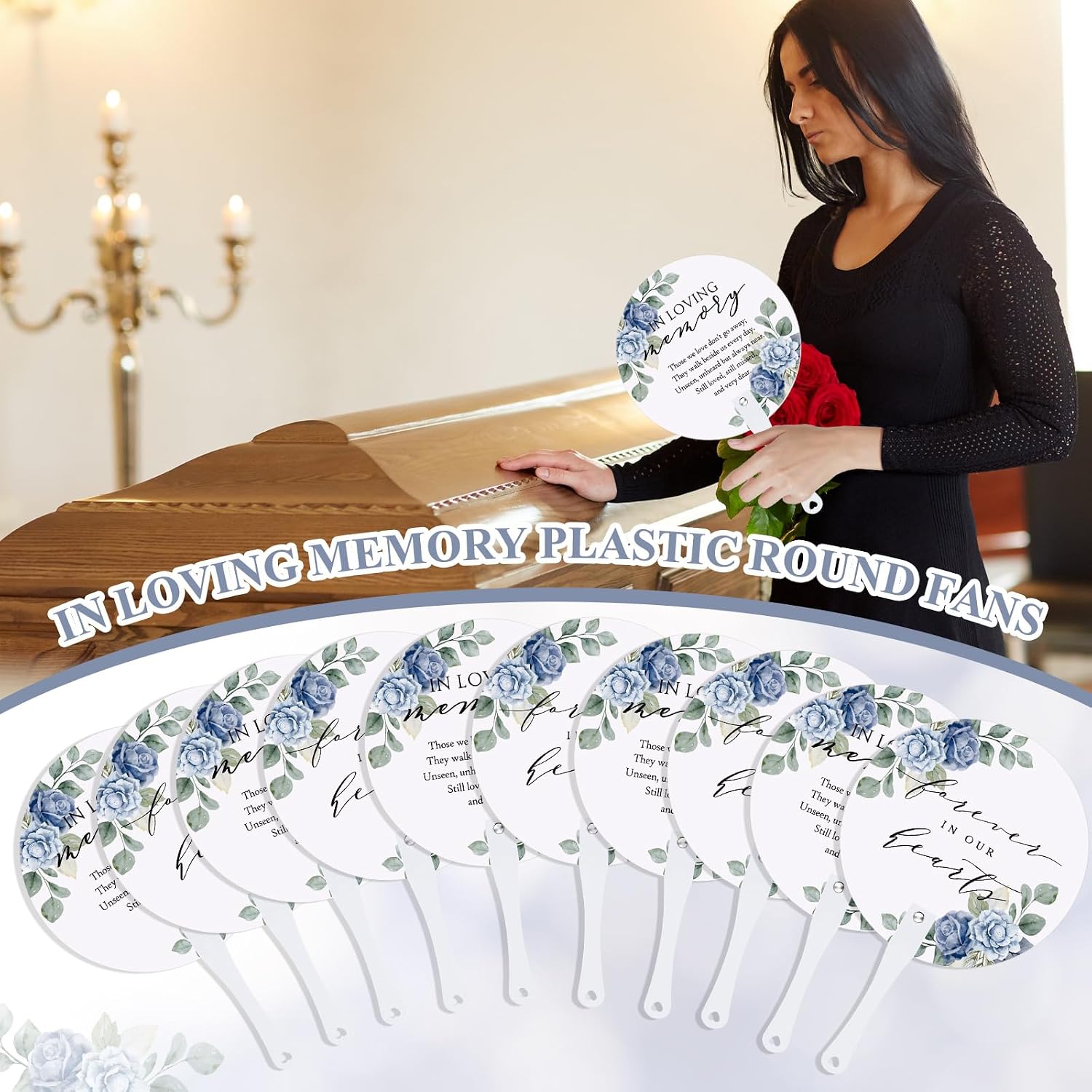 Teling 100 Pcs Funeral Favors for Guests Funeral Fans Bulk, Blue Flower