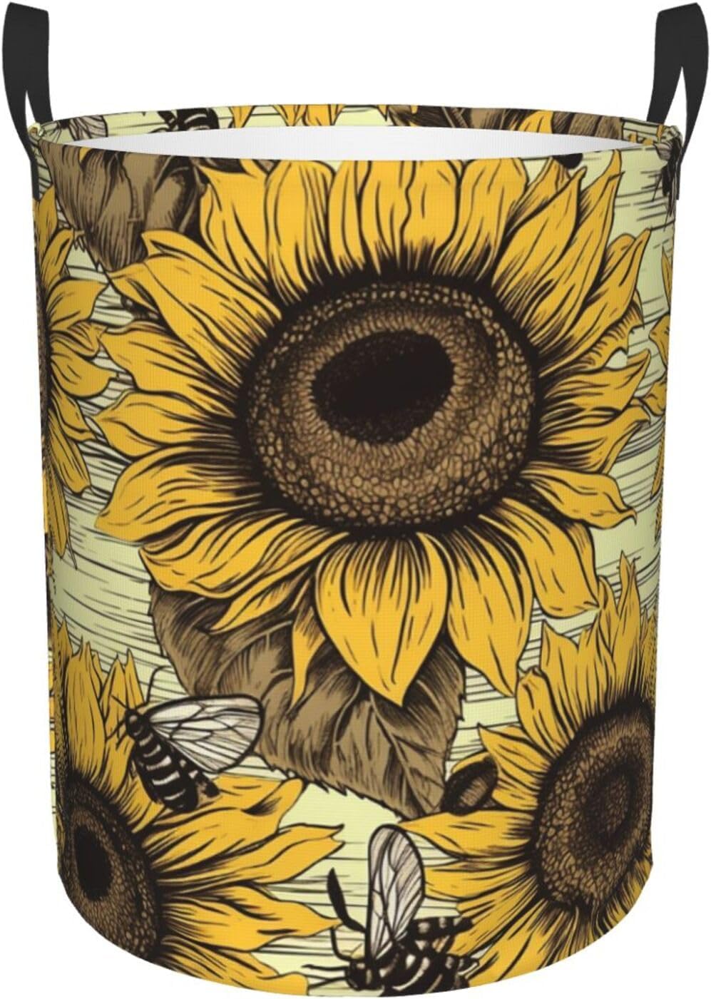 Bees Sunflower Laundry Basket With Handles, Foldable Laundry Hamper Oxford Cloth Dirty Clothes Basket Waterproof Clothes Toys Storage Bin Organizer for Bedroom Bathroom Dorm