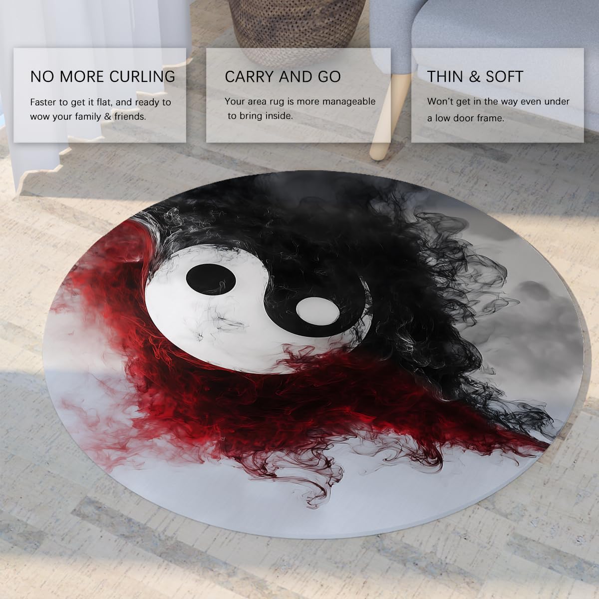 Antypoślizgowy 120 cm Okrągły Dywan Salon Mistyczne Symbole Yin Yang Dywany Miękkie Koło Fantasy Abstrakcyjny Wzór Tai Chi Niskie Włosy Dywan Czarny Czerwony Zmywalny Sypialnia Pokój Dziecięcy