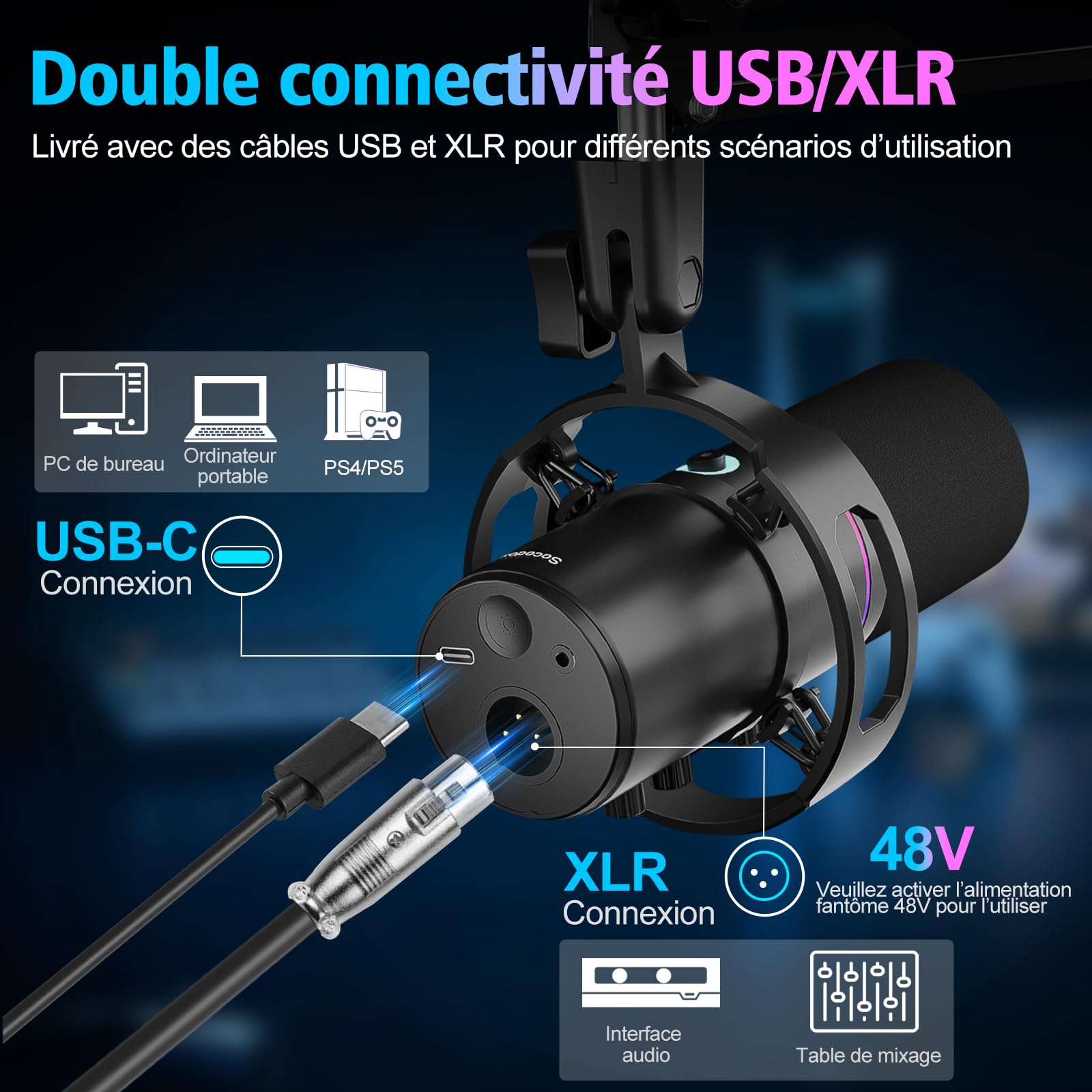 Microphone Gaming XLR/USB avec Perche, Microphone Dynamique avec Mise en Sourdine Instantanée, Contrôle du Gain et Prise Casque, Microphone RGB pour Podcast, Streaming, Enregistrement et Chant
