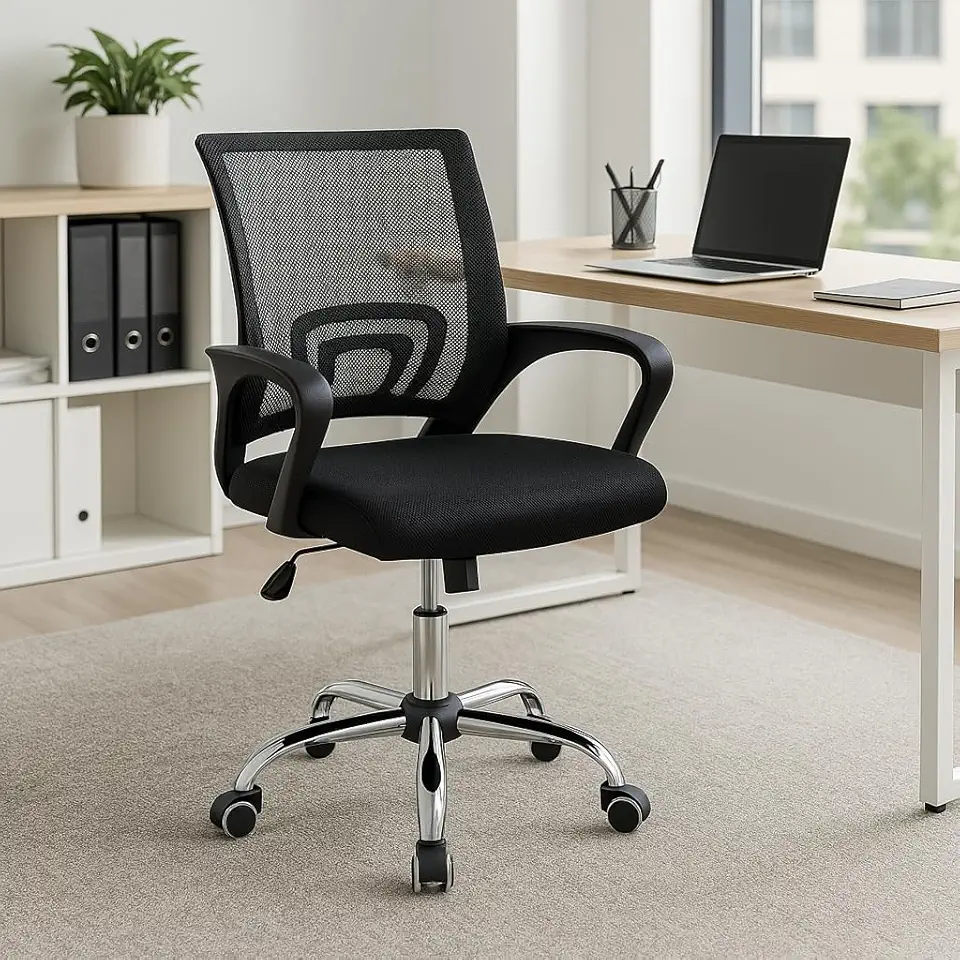 Cadeira de Escritório Secretária Diretor Base Cromada com Rodinha Giratória com Encosto Altura Ajustável Detroit Tela Mesh Preta