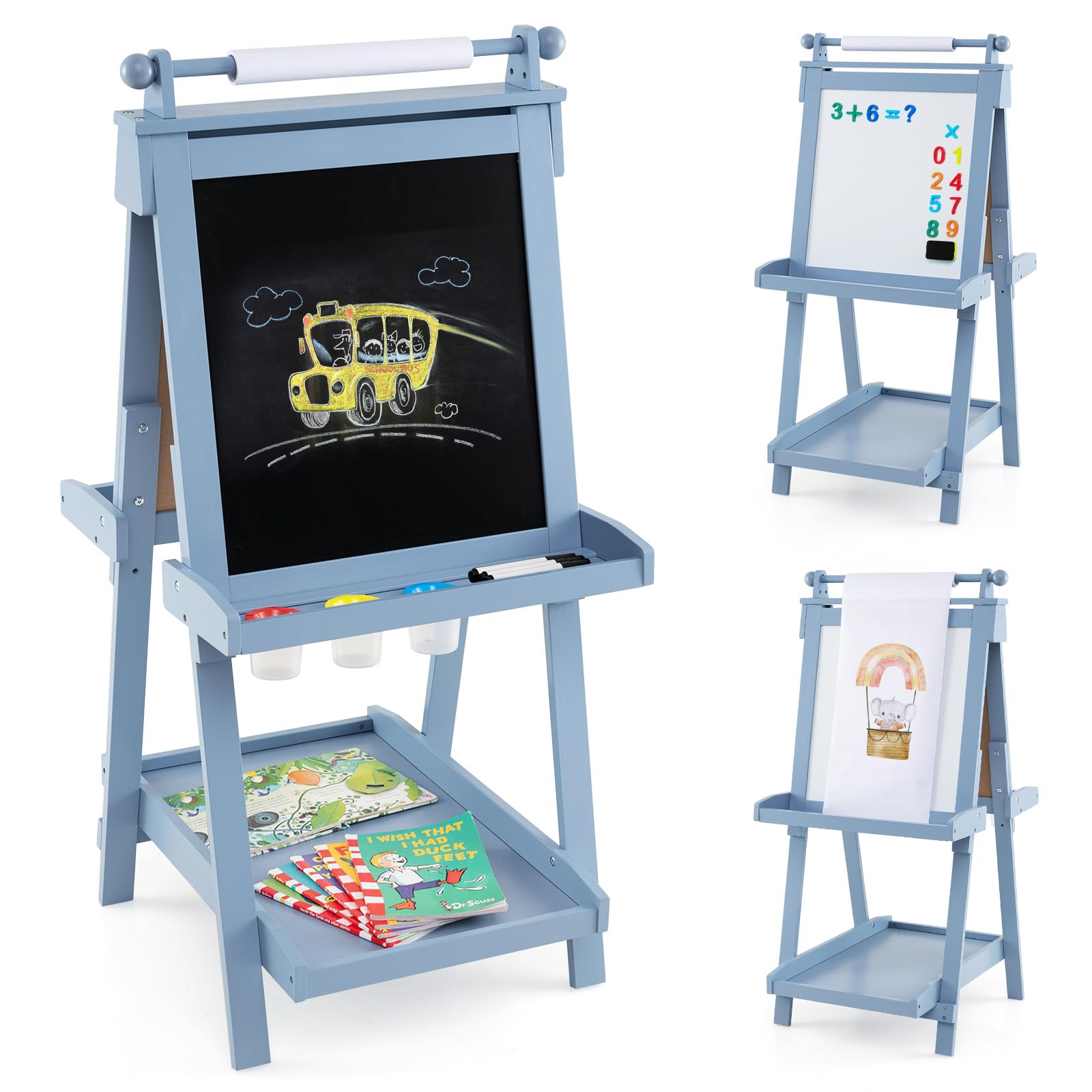 COSTWAY Kids Wooden Art Easel, Double-Sided Height Adjustable Children Easels with Paper Roll, Blackboard, Magnetic Whiteboard, 3 Paint Cups, Folding Drawing Board for Boys Girls (Blue)
