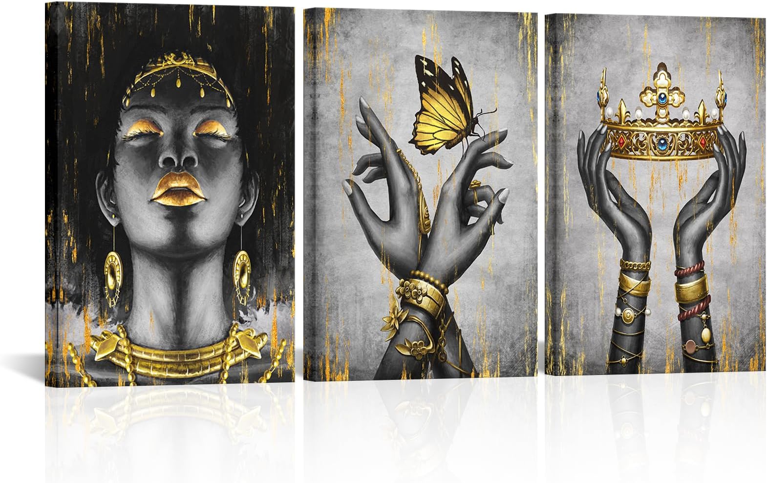 Welmeco African American Cavnas Wall Art Elegant Black Woman with Gold Necklace Crown Butterfly Painting Fashion Charming Woman Poster Picture Framed and Stretched for Girl Gift Bedroom Living Room