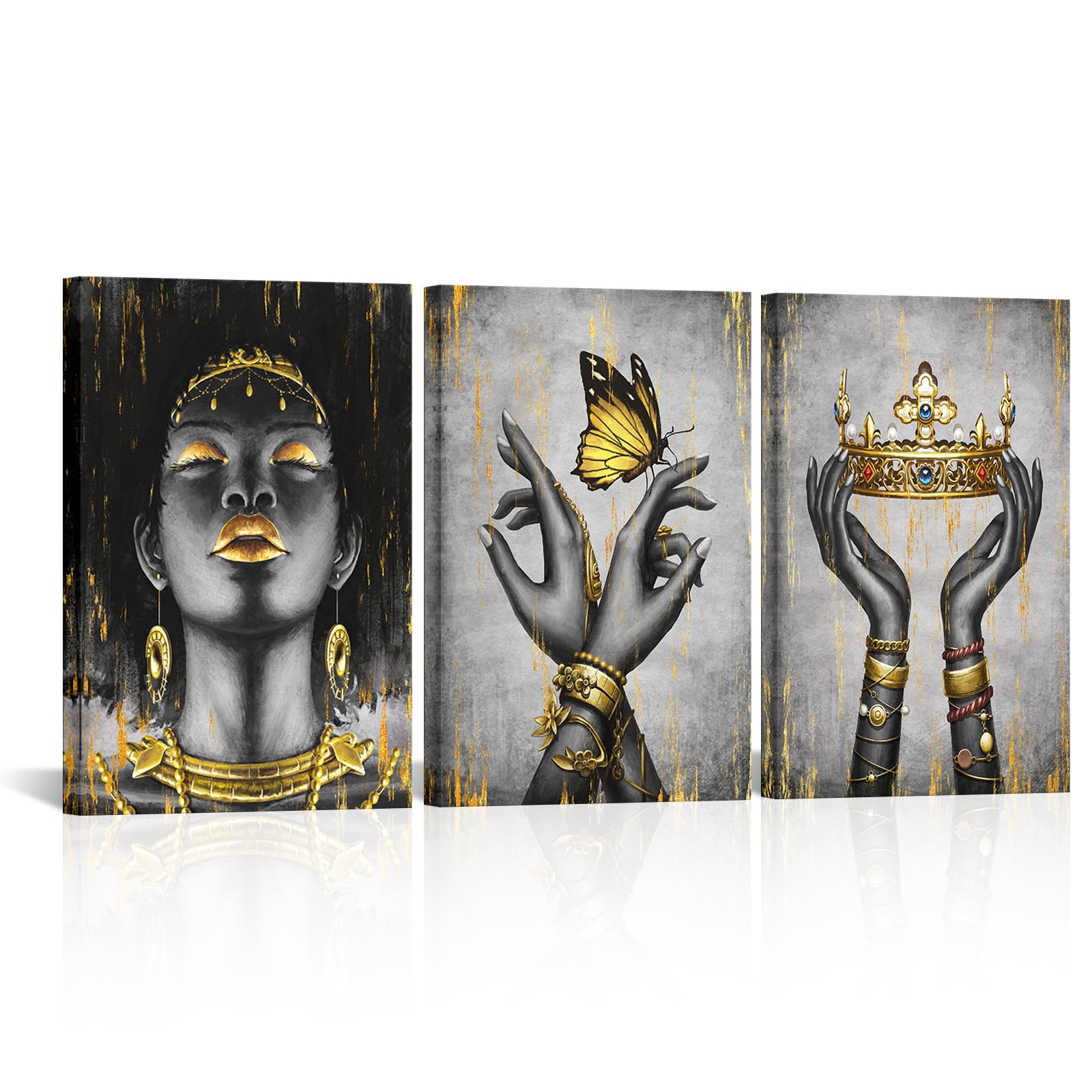Welmeco African American Cavnas Wall Art Elegant Black Woman with Gold Necklace Crown Butterfly Painting Fashion Charming Woman Poster Picture Framed and Stretched for Girl Gift Bedroom Living Room