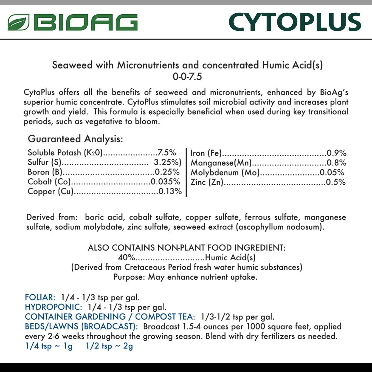 BIOAG CytoPlus Organic Humic Acid Plus Seaweed Extract, Essential Micronutrients, Dry Soil Amendment for All Plants, S B Co Cu Fe Mn Mo Zn (1 kg)