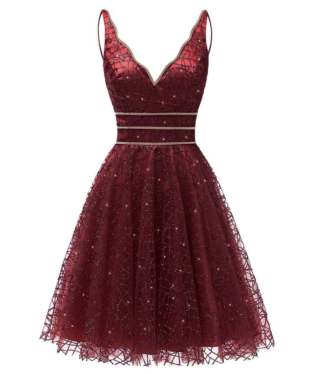 Women's Tulle Prom Gown Short Homecoming Dresses Crystal Sparkle Party Dresses(Burgundy,04)