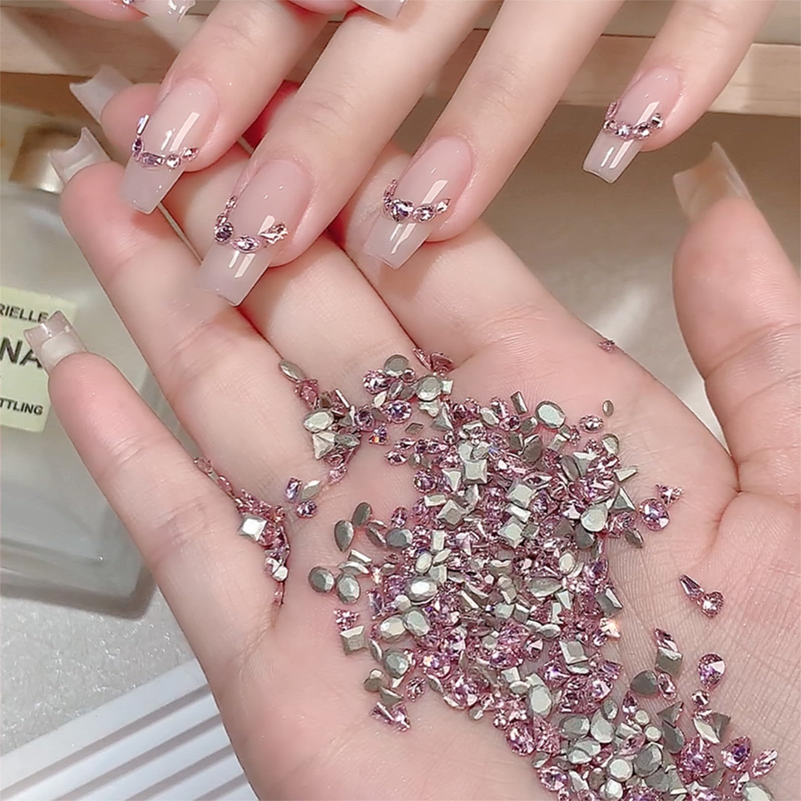 HNUIX Nail Rhinestones - 3D Multi Shapes, Flat Back, Mini Shiny Zircon Rhinestones, Caviar Beads, Pink Nail Gems, for Nail Art