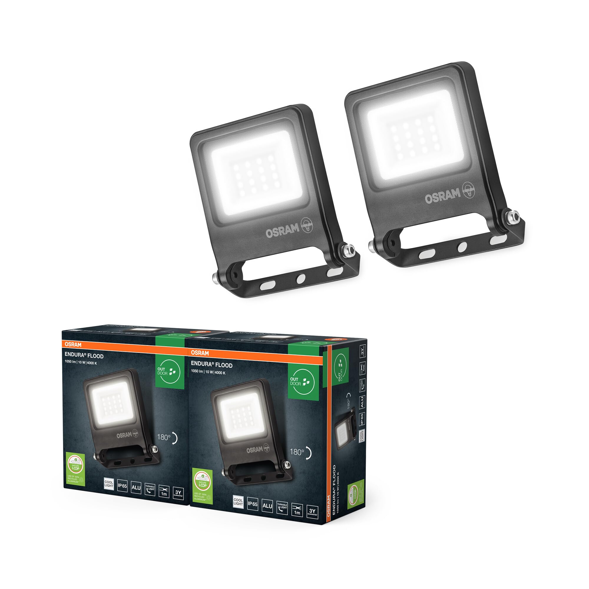 OSRAM Proyector LED ENDURA FLOOD PC de 10 W, blanco frío de 4000 K, 1000 lúmenes, IP65, resistente a la intemperie, aluminio reciclado, pivotante 180°, gris oscuro,2-Pack