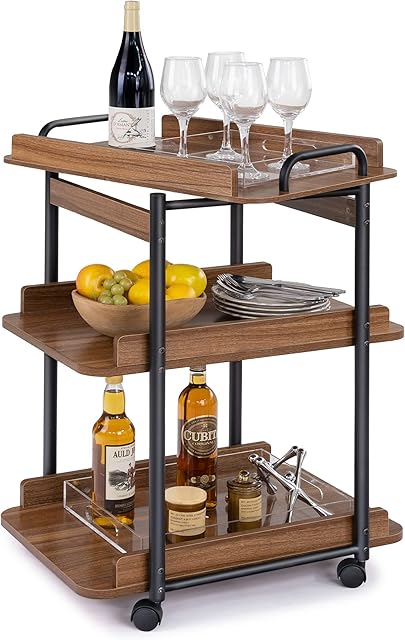 Becko Bar Cart Kitchen Serving Cart with Removable Tray Rolling Bar Cart Coffee Cart 3 Tier Kitchen Utility Cart on Wheels, Indoor and Outdoor, Industrial Vintage Style (Brown)