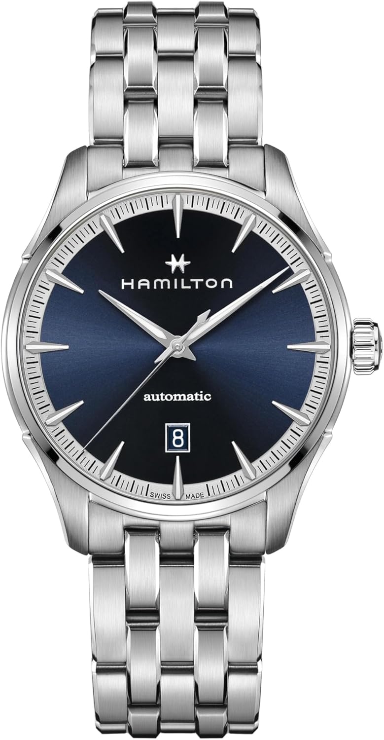 Hamilton Jazzmaster Automatic Men's Watch, 40mm Stainless Steel Case, Swiss Made, Blue Dial Analog Wrist Watch for Men, 50m Waterproof, Sapphire Crystal, 3-Hand Movement, Stainless Steel Strap