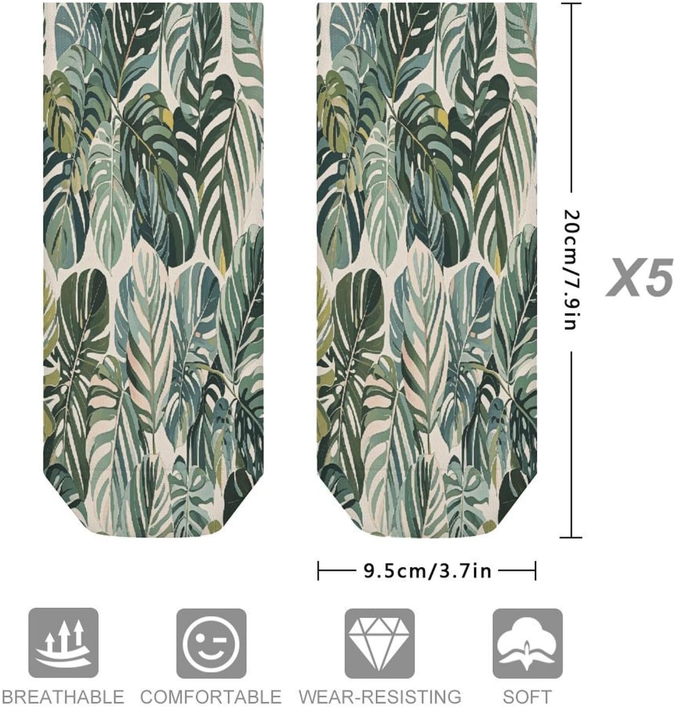 Women's Thin Elastic Socks Low-top Sports Invisible White Ed Tropical Botanical Leaves Printed Ankle Socks 5 Pairs Suitable for Travel Commuting Outdoor