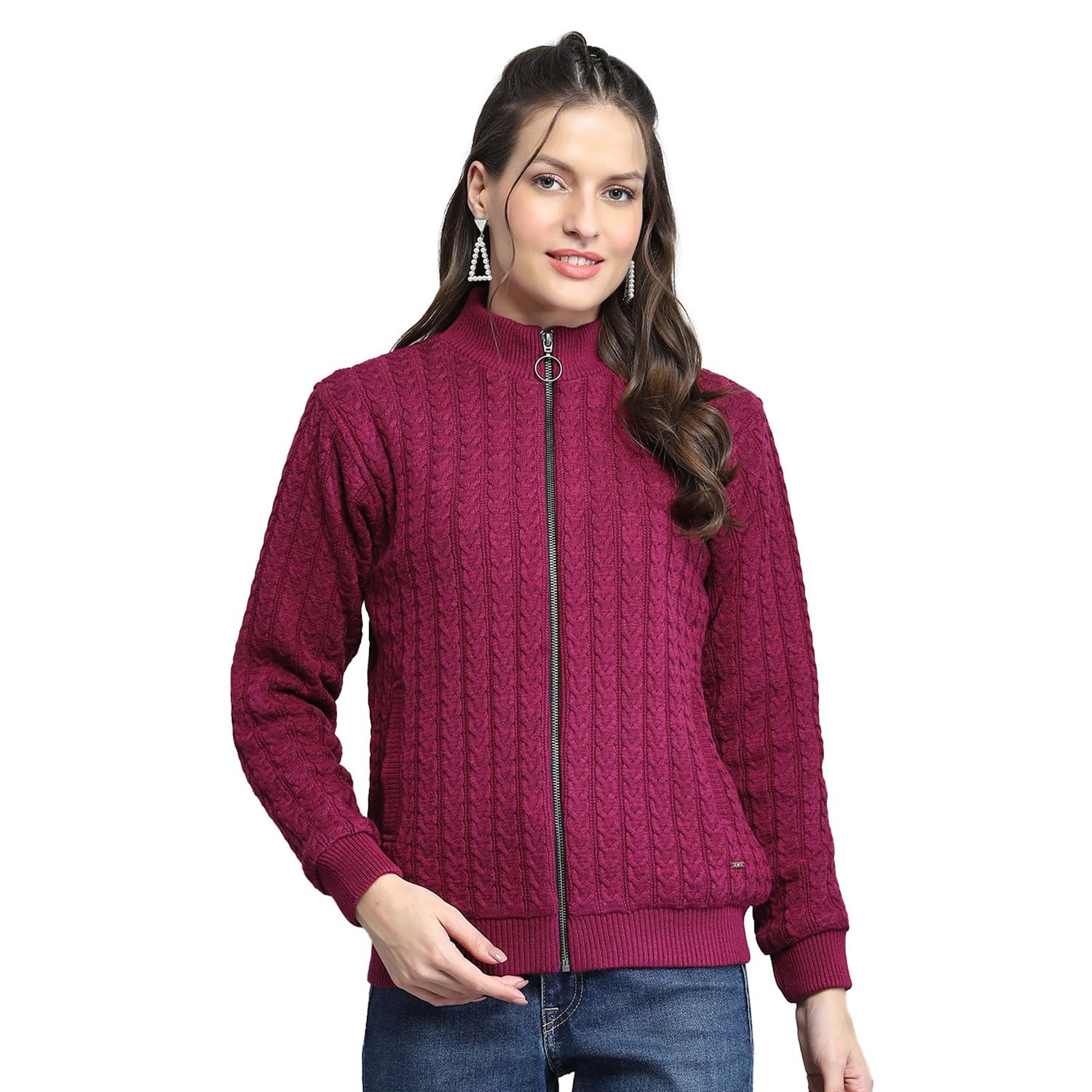 monte carlo Womens Self Design Maroon Mock Neck Full Sleeve Jacket_-picture-41