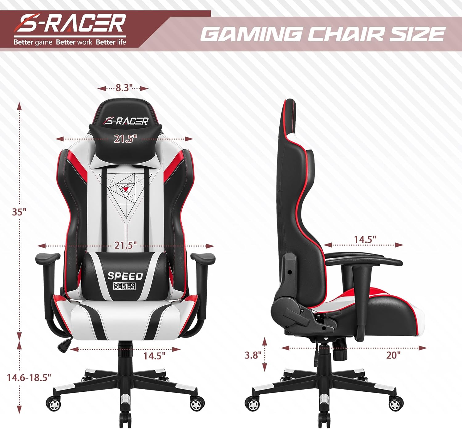 Diagram showing the dimensions of the Homall S-Racer Gaming Chair, including seat width, backrest height, and adjustable seat height range.