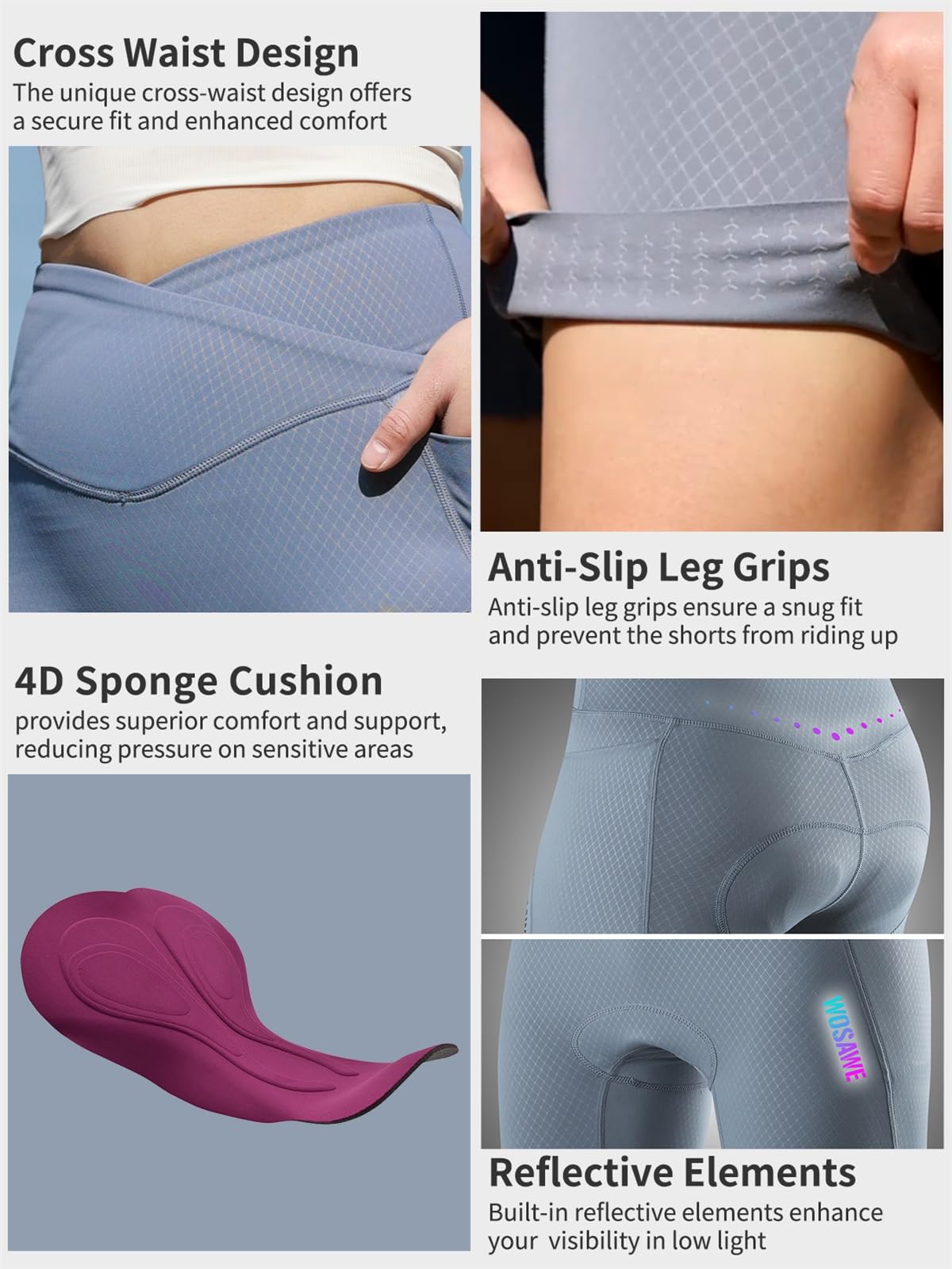WOSAWE Pantalones cortos de ciclismo de cintura alta para mujer, ropa interior acolchada 4D con bolsillos laterales para paseos de verano