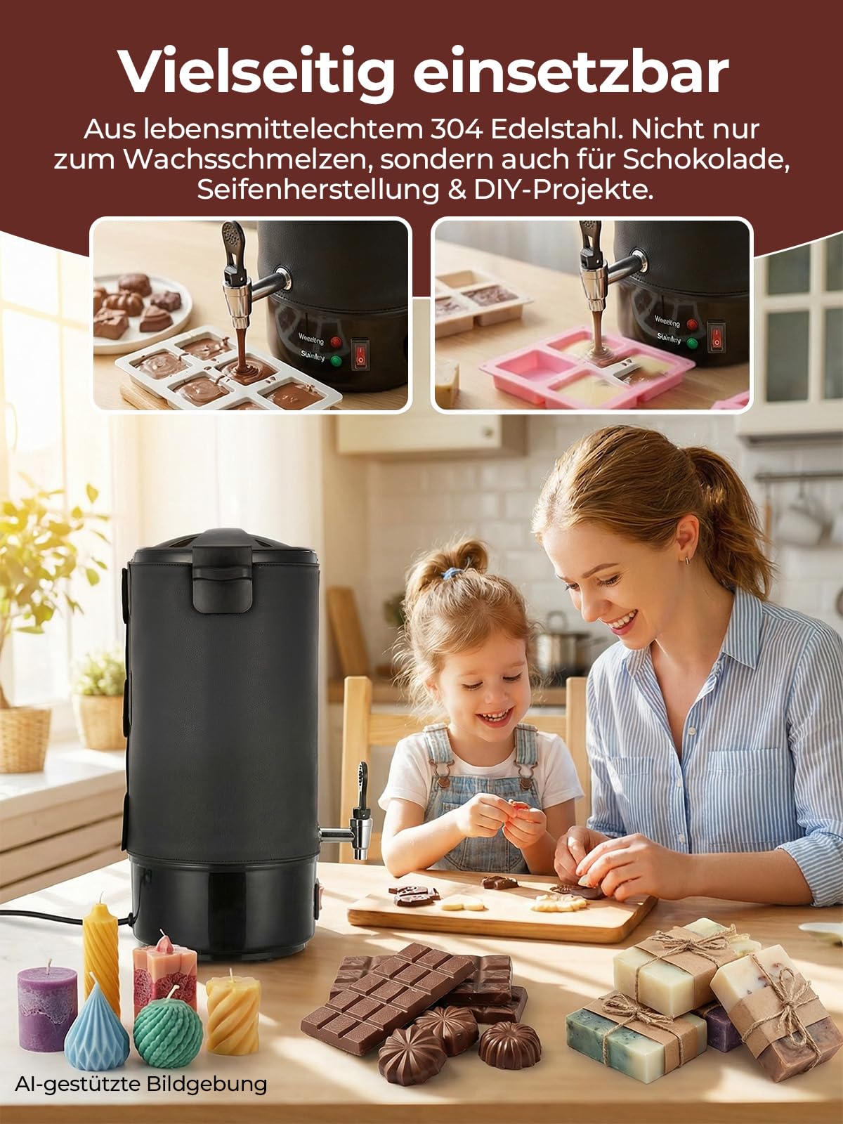 FOHERE Wachsschmelztopf, Kerzen Selber Machen Set, 1520W Edelstahl Kerzenherstellung Kit Komplettset mit Lederhülle & 28cm Reinigungsspatel für Sojawachs Bienenwachs DIY Duftkerzen Geschenke