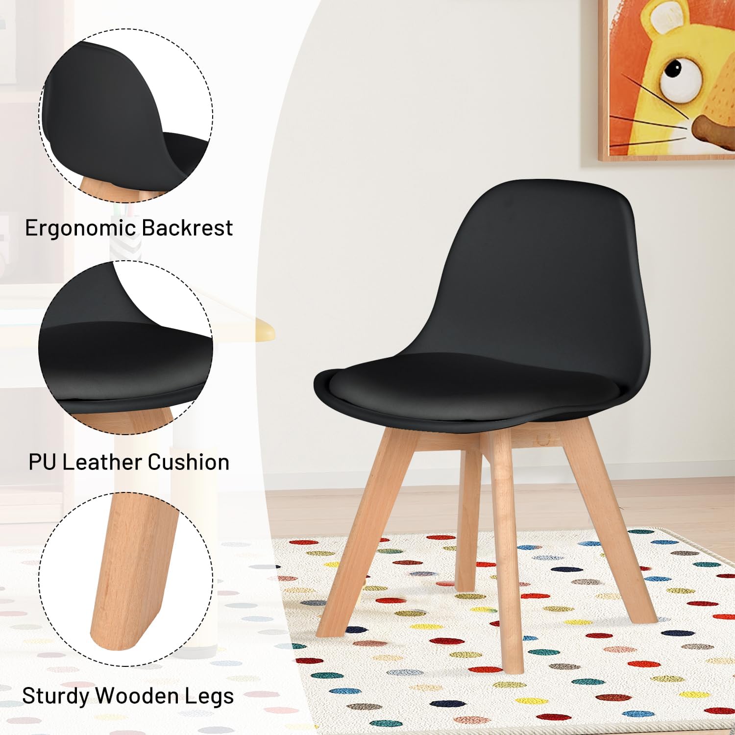 Kids Desk Chair Faux Leather Cushioned Upholstered, Small Play Chair Mid-Back for Toddlers Children Armless with Plastic Backrest, Soft Padded Seats, Wooden Legs, Set of 4, Black