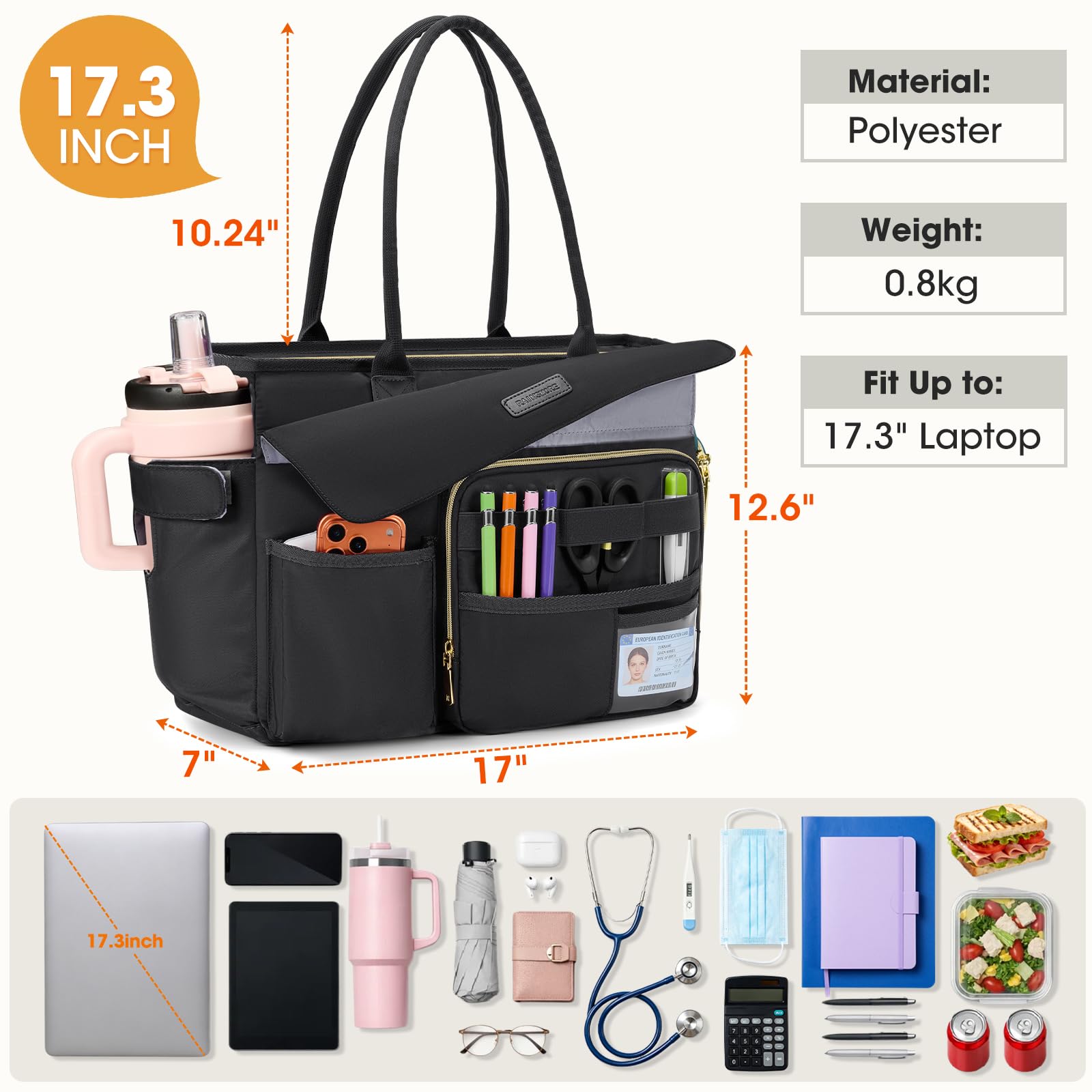 RAINSMORE Lehrertasche Damen mit Lunchfach 17.3 Zoll Laptoptasche Groß Isoliertes Fach Wasserdicht Arbeitstasche für Büro Uni Reisen Shopper Handtasche Schwarz