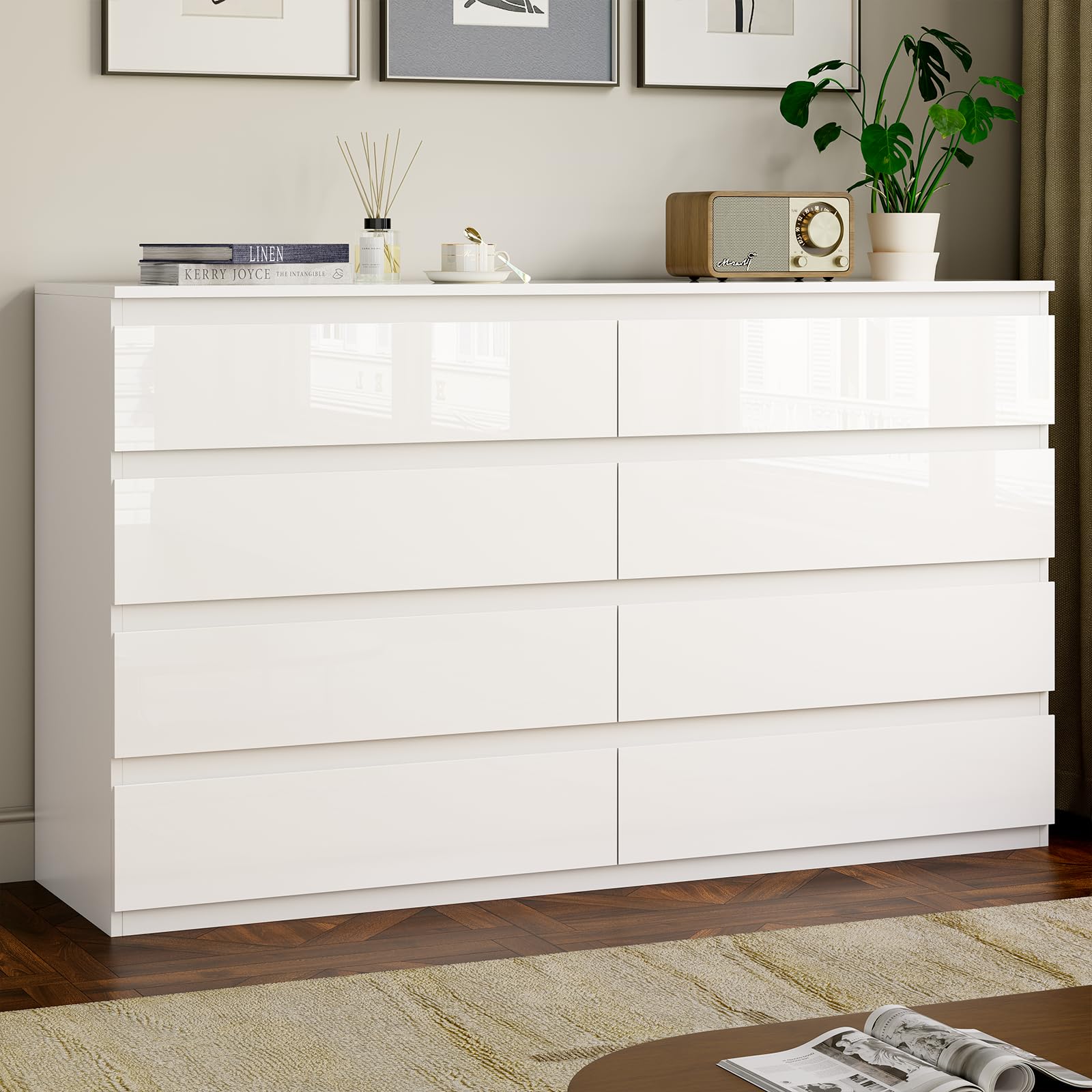 White Wood Dresser for Bedroom, 8 Drawer Dressers for Clothes Storage, Modern Dresser with Wide Drawers, Wide Wooden Chest Drawers for Living Room, Entryway, TV Stand(55" W x15.4 Dx32.3 H)