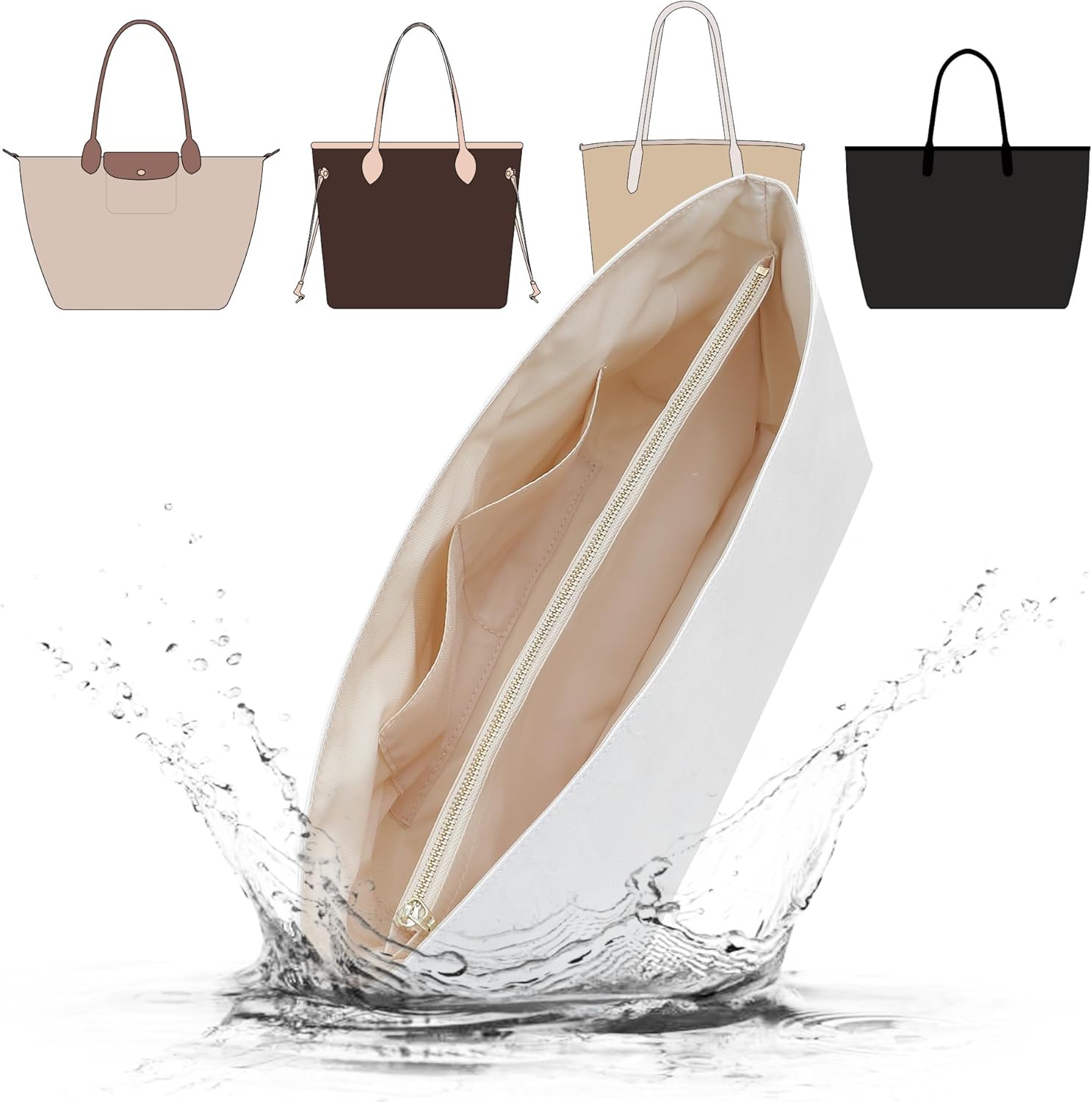 doxo dupontpaper ultra lightweight purse organizer insert for lv neverfull mm/c.oach city 30/l.ongchamp shoulder bags,bag shapers for luxury handbags(white-beige,mm) upgrade dupont-white-beige-waterproof large