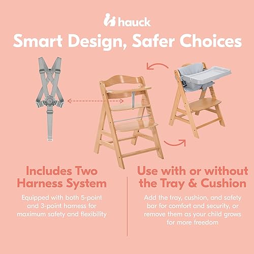 Miniatura 6 de hauck AlphaPlus Grow Along - Silla alta de madera con mesa extraíble gris y cojín de asiento de lujo para bebés de 6 meses en adelante